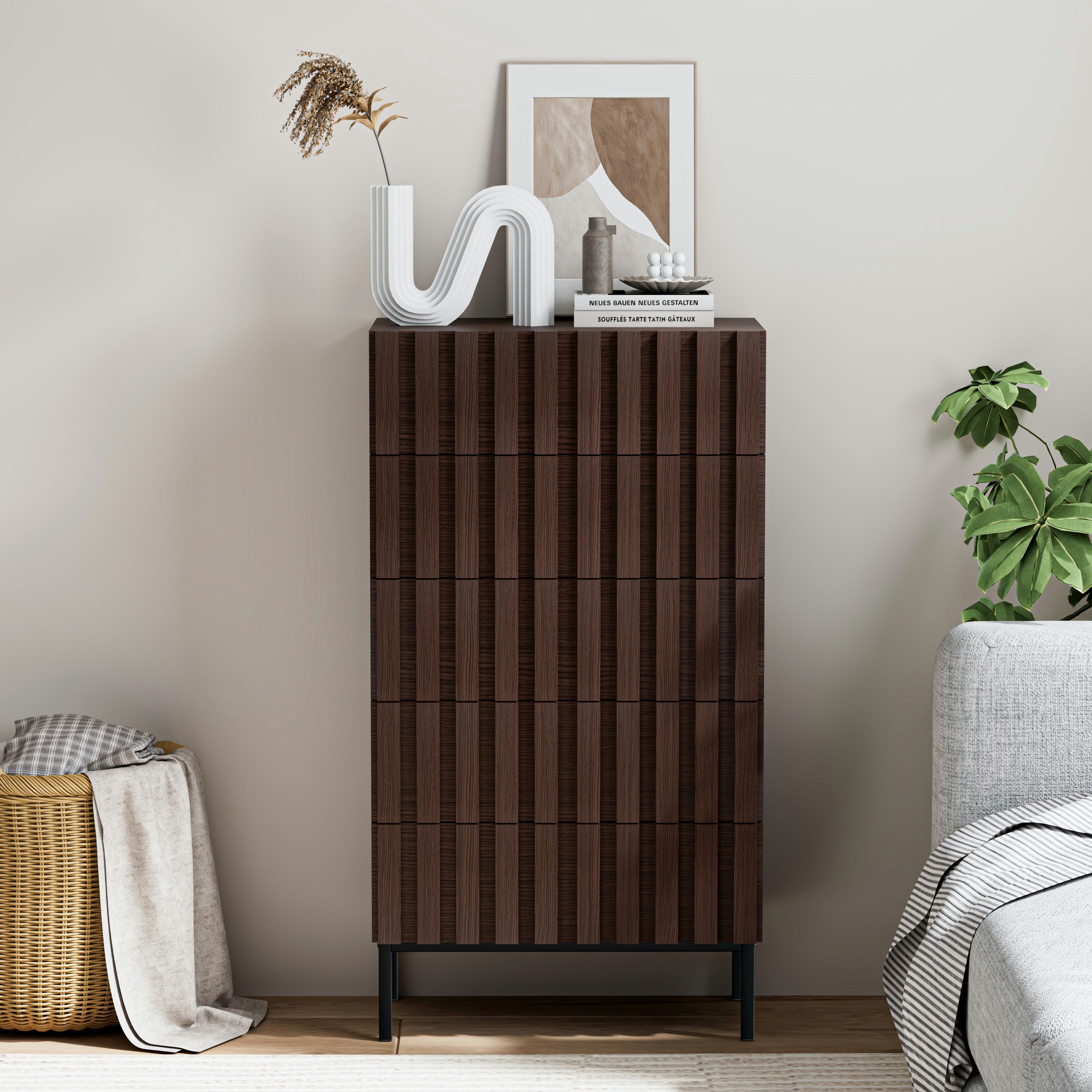 UEV Kommode schmal mit 4/5 Schublanden Sideboard Beistellschrank Buffet (Aufbewahrungskommode, Mehrzweckschrank aus Holz(Natur/Schwarz/Dunkelbraun), Schrank für Wohnzimmer,Schlafzimmer,Flur