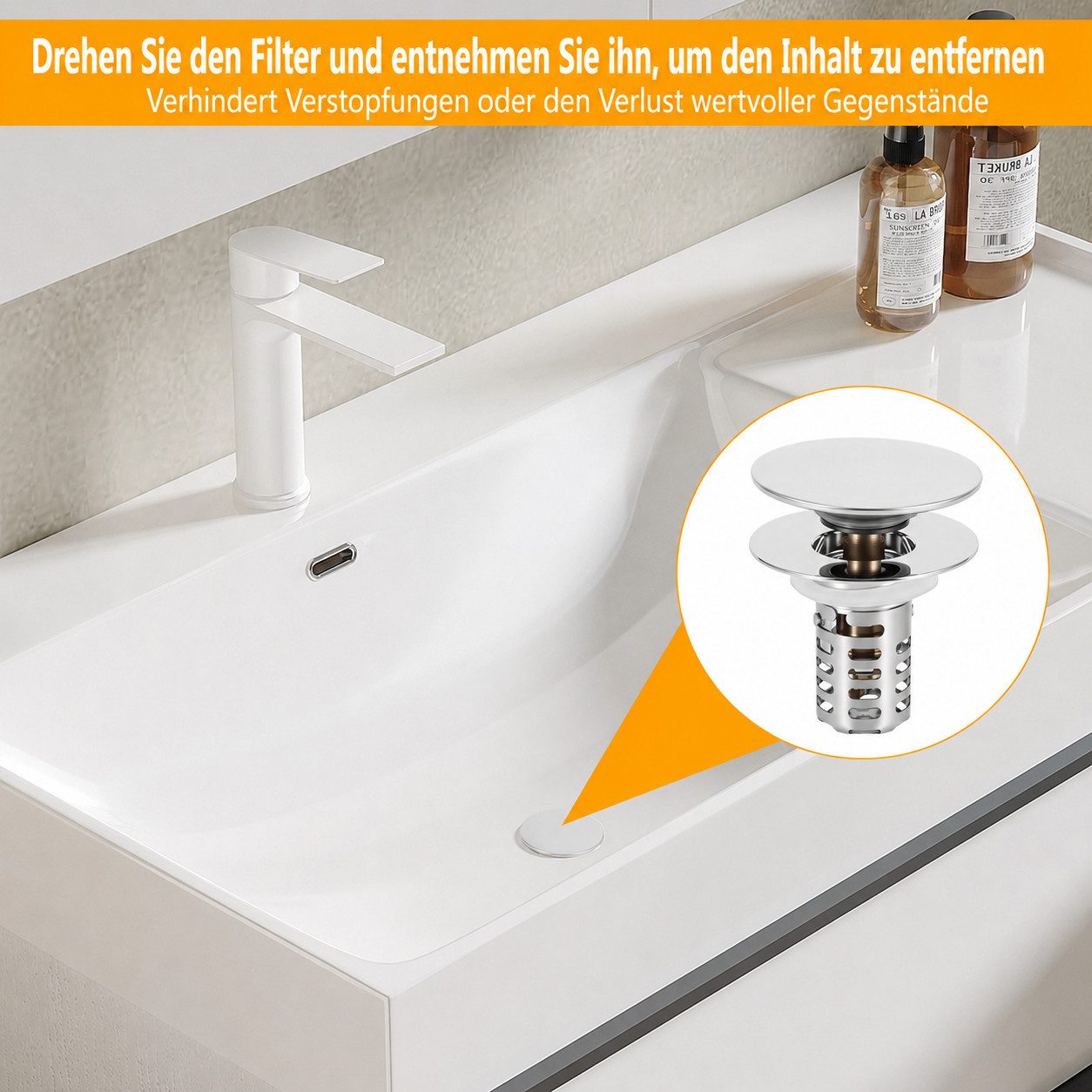 BlingBin Ablaufgarnitur Waschbeckenstöpsel Pop Up Edelstahl Abflusssieb (waschtisch ablauf, 1-St., 1tlg) Ablaufventil Ø60 mm mit Filterkorb aus Edelstahl und Me – Bild 5 von 5