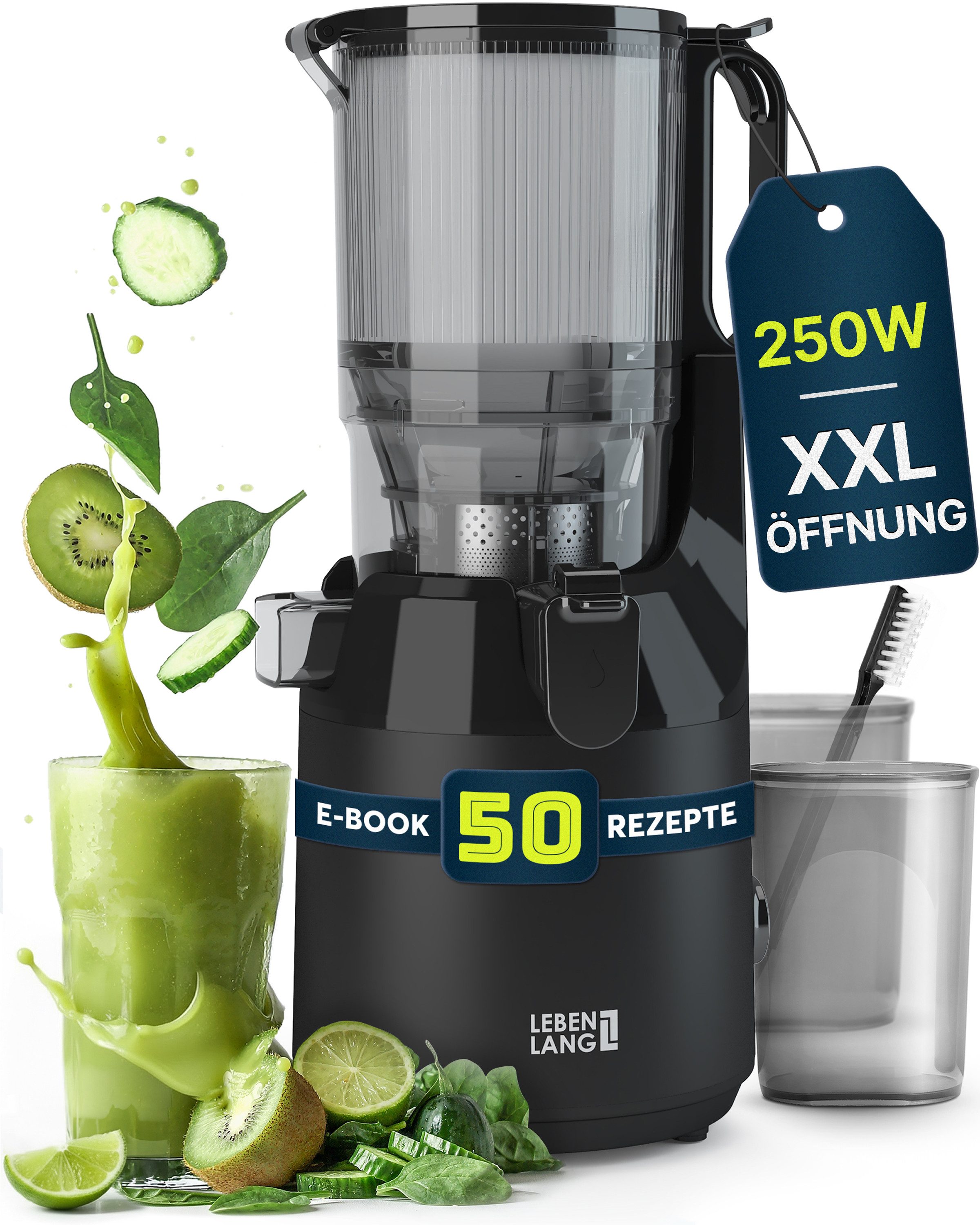 Lebenlang Slow Juicer Entsafter mit großer Öffnung, Für ganze Früchte und Gemüse, Rezepte, 250 W, BPA-Frei, Hohe Saftausbeute, Erhalt der Nährstoffe