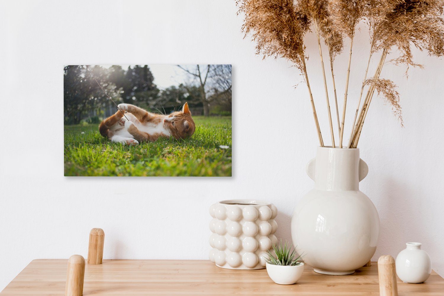 OneMillionCanvasses® Leinwandbild Katze spielt cm Wanddeko, Leinwandbilder, St), 30x20 Gras, Aufhängefertig, (1 Wandbild im