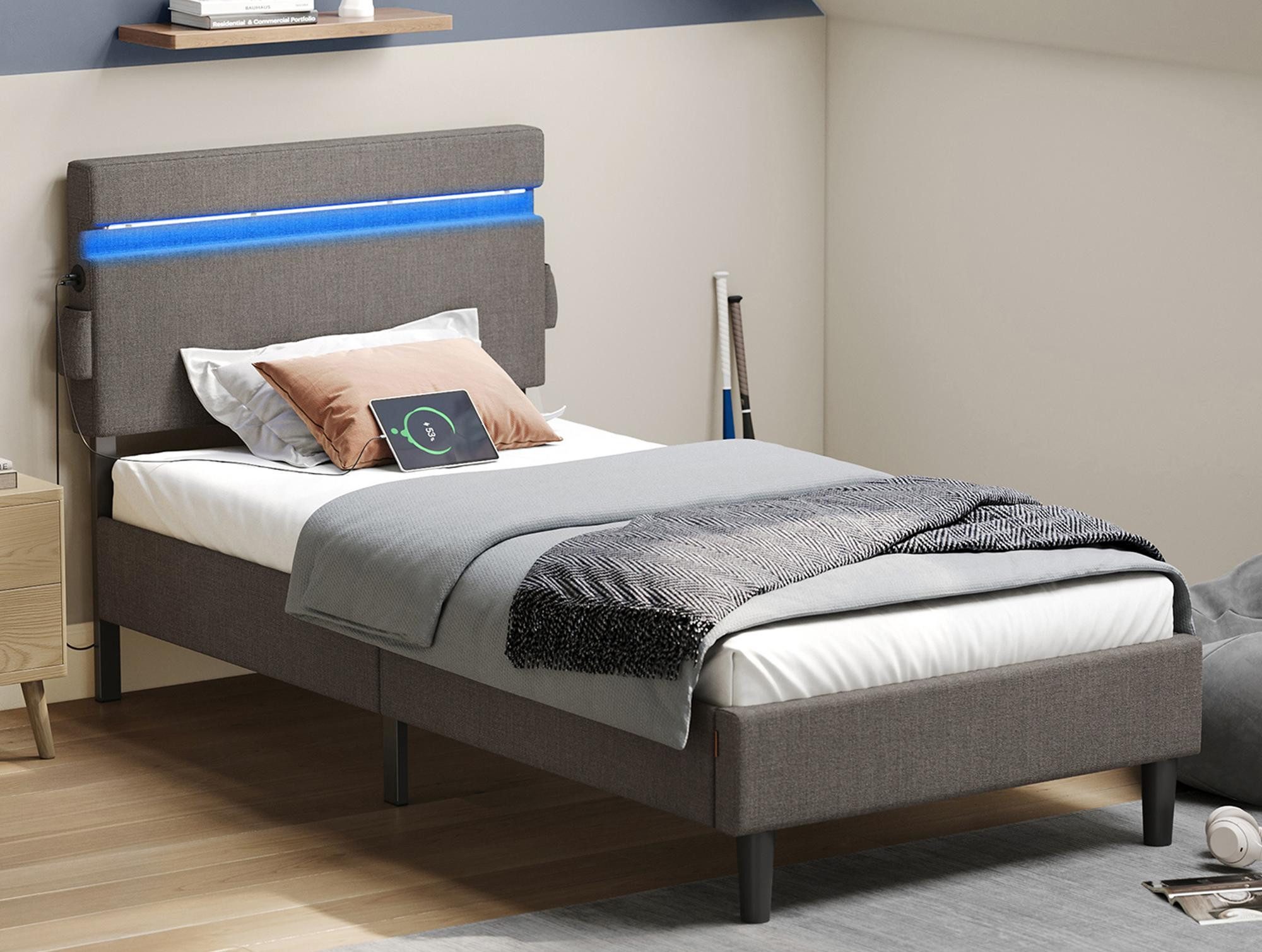 VASAGLE Polsterbett (90 x 190 cm), mit Kopfteil, LED, mit 2 Ladeanschlüsse günstig online kaufen