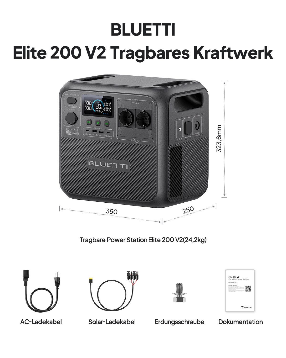 BLUETTI Stromerzeuger Elite 200 V2 2600W/ 2073,6Wh Tragbare PowerStation (2025 Neu), 2,6 in kW, (LiFePO4 Batterie-Backup mit 2 AC Ausgängen (3900W Power Lifting), 17 Jahre Lebensdauer, Solargenerator für Camping, Off-grid