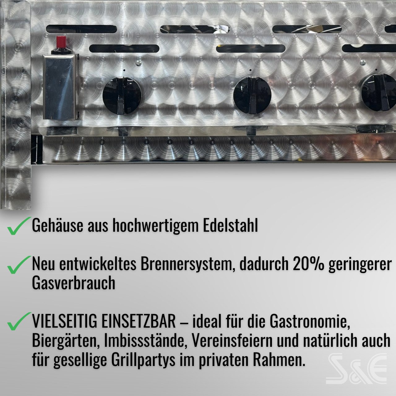 BlueCraft Gasgrill 3 flammig Brenner Edelstahl Gastrobräter Profi Gasgrill inkl. Pfanne, mit Gas Schlauch und Druckminderer Tischgrill robust Made in Germany