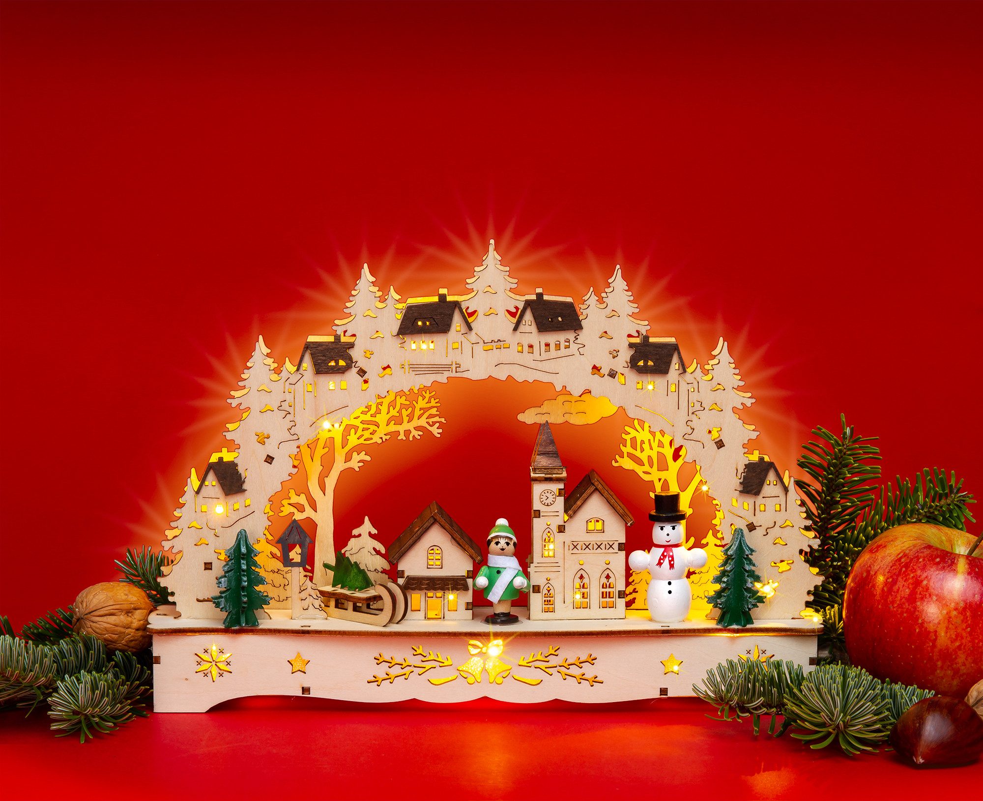 SIKORA Schwibbogen LB63s kleiner LED Holz Lichterbogen Dorfkirche mit Häusern B:27cm, batteriebetrieben - sanft beleuchtet für sinnliche Weihnachten