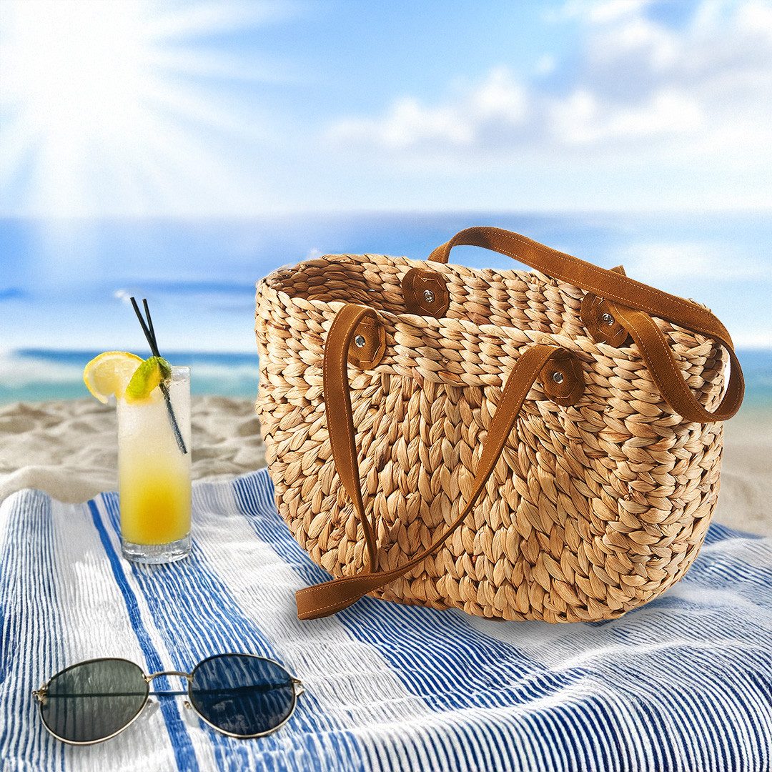 Kobolo Shopper Korbtasche aus Wasserhyazinthe - Lederhenkel - natur braun günstig online kaufen