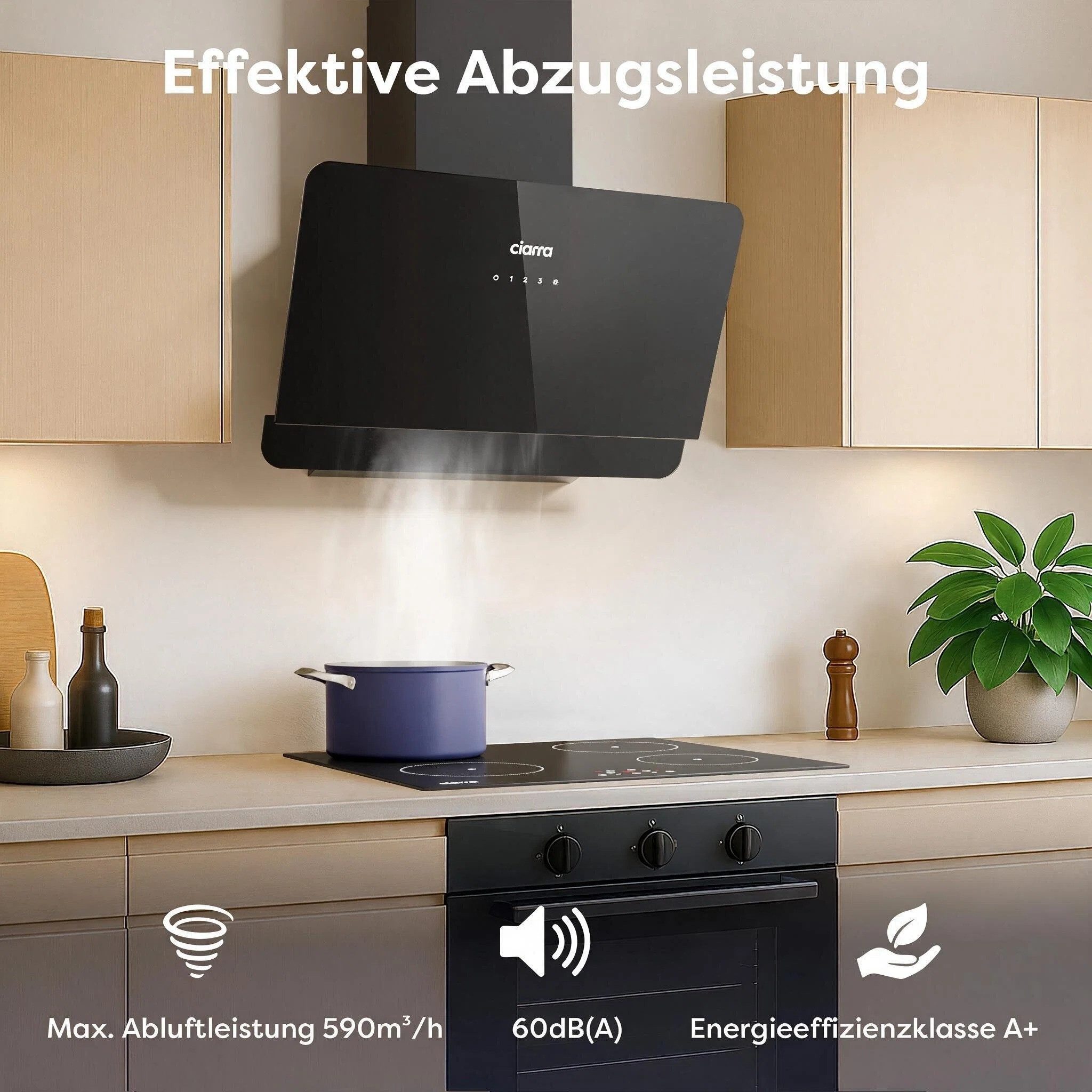 CIARRA Kopffreihaube 60 cm Dunstabzugshaube A+ 590 m³/h SensorTouch 3 Stufen VM6765CB Leise Schräghaube 60 cm mit Aktivkohlefiltern, Fettfiltern Schwarz – Bild 5 von 5