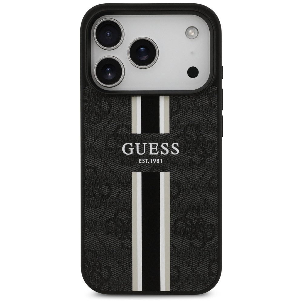 Guess Handyhülle Case iPhone 17 Pro MagSafe Kunstleder grau Logo Streifen 6,3 Zoll, Kantenschutz