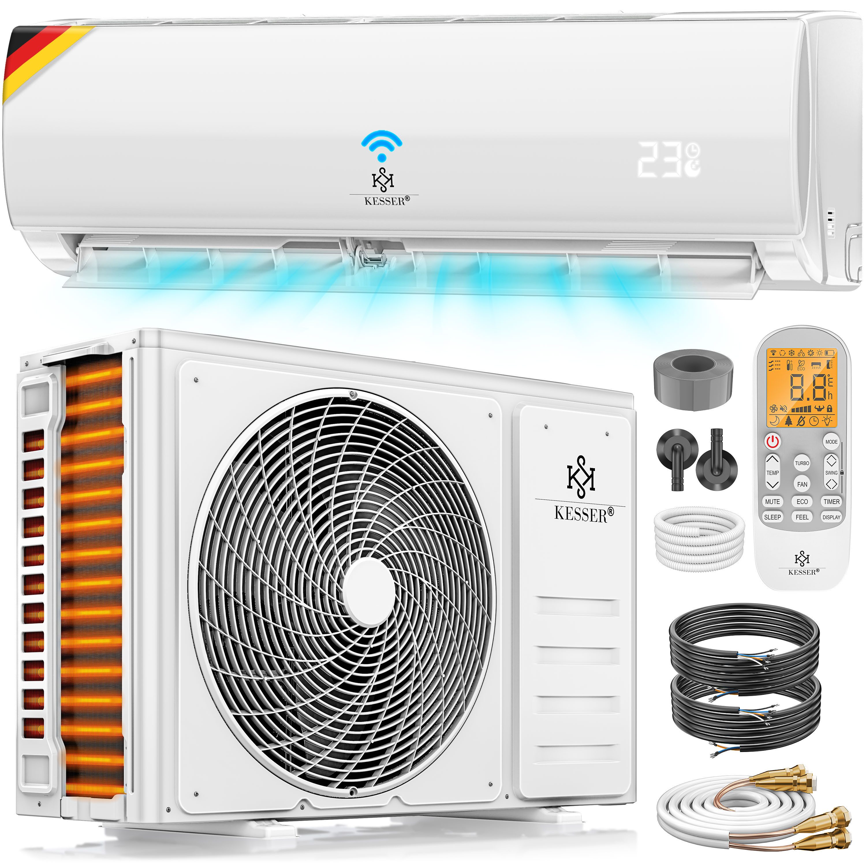 KESSER Split-Klimagerät Set Quick Connect Split Klimaanlage 9000 BTU Kühlen & Heizen 2,6kW R32, mit WiFi & App Funktion, Fernbedienung, Timer, inkl. Montagematerial