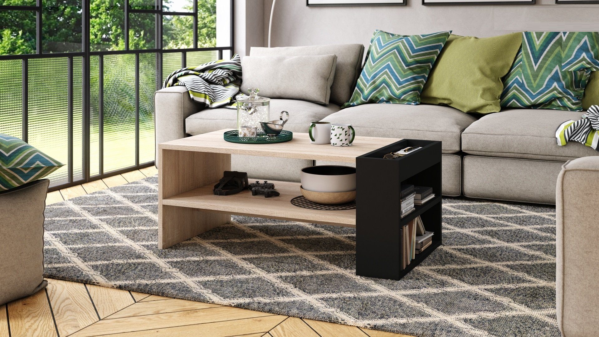 designimpex Couchtisch Design Couchtisch Nefri Tisch Wohnzimmertisch mit Ablagefläche Sonoma Eiche / Schwarz matt