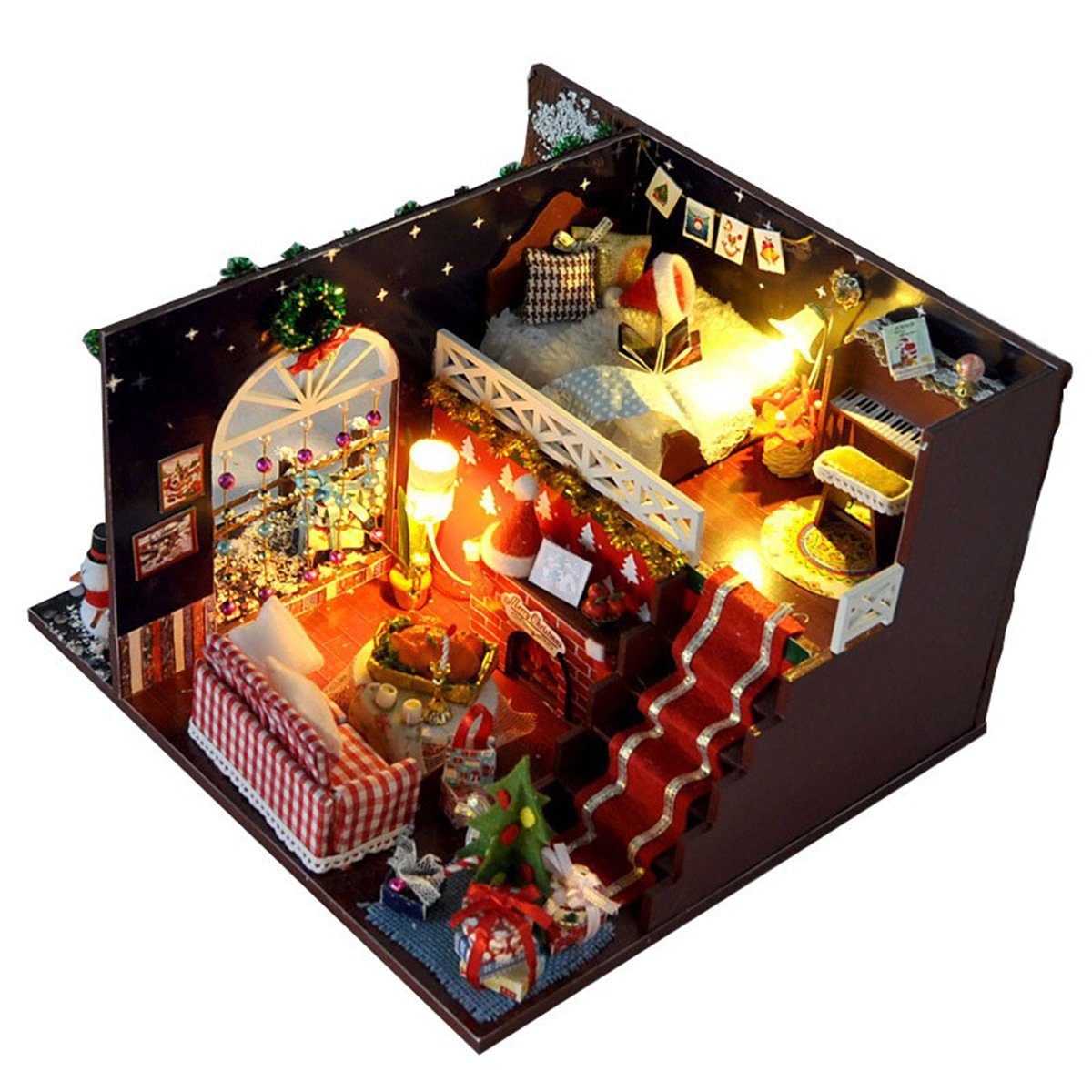 autolock Weihnachtshaus Miniatur Puppenhaus Weihnachtshaus Kit DIY Weihnachtsgeschenke Puppenhaus Handwerk, Modell 3D Handmade