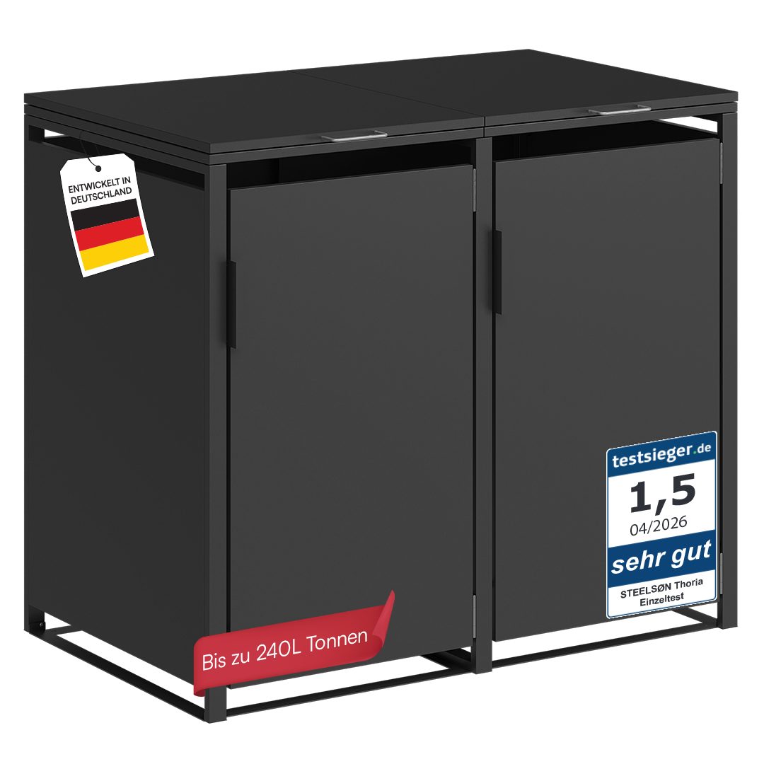 STEELSØN Mülltonnenbox Thoria 240 L aus verzinktem Stahl, Mülltonnenverkleidung (Graphitschwarz, verfügbar mit 1, 2, 3, 4, oder 5 Türen), Für 2 Tonnen