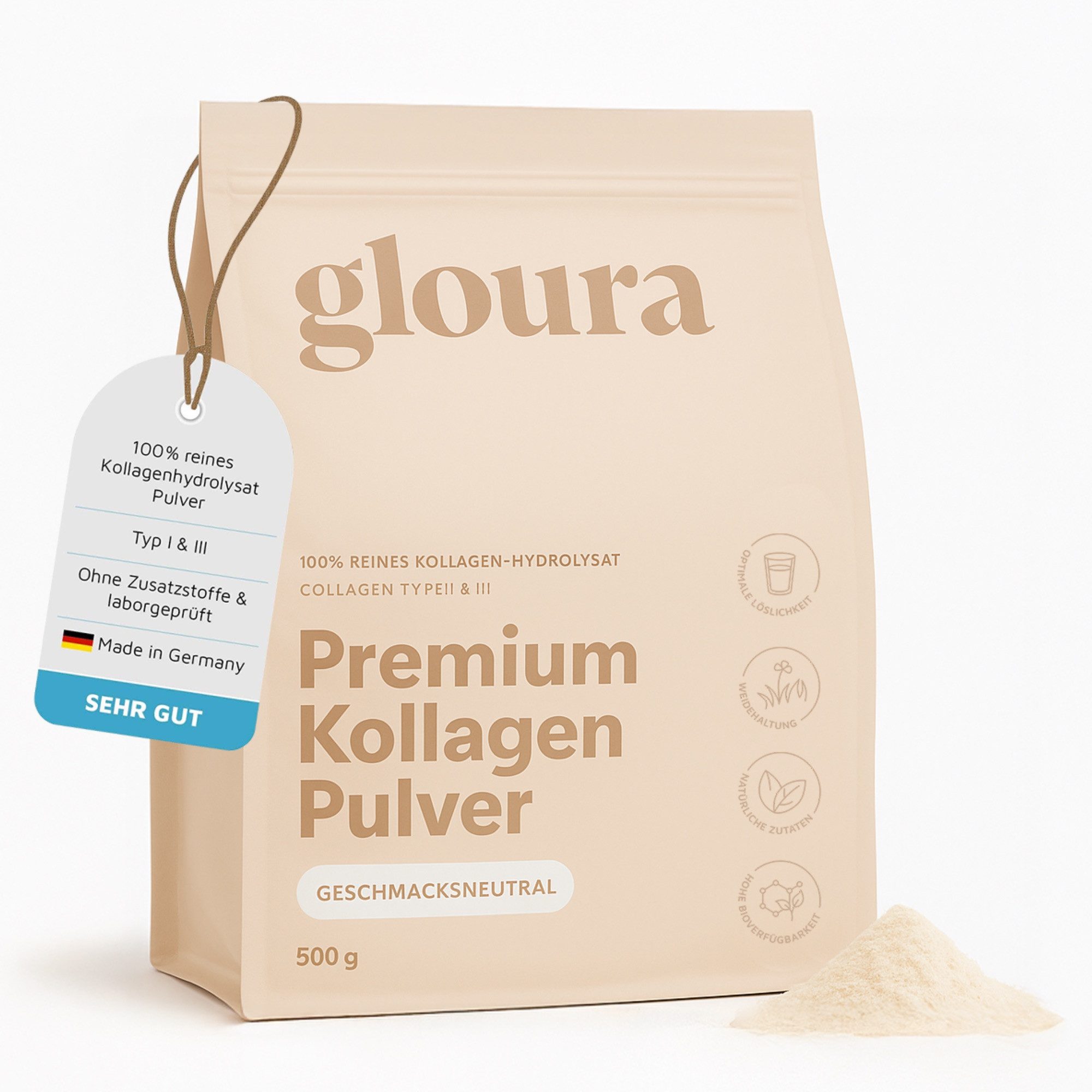 Gloura Premium Kollagen Hydrolysat (Typ 1 & 3) - Neutral 500g Pulver