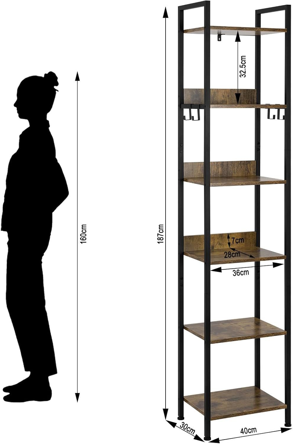Woltu Standregal, mit 6 Ebenen, 4 Haken, Küchenregal Lagerregal im Industriestil
