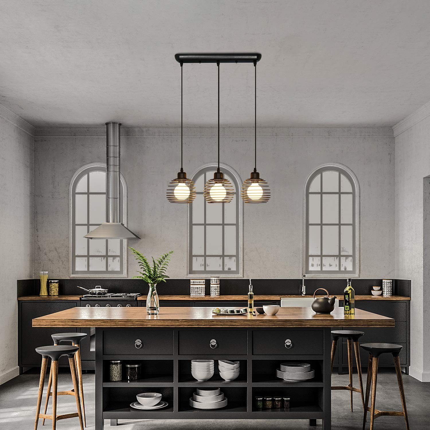 ZMH Pendelleuchte 3 Flammig Vintage Schwarz E27 Hängelampe Esstisch Metall Wohnzimmer, Hochwertige Design, LED wechselbar – Bild 3 von 5