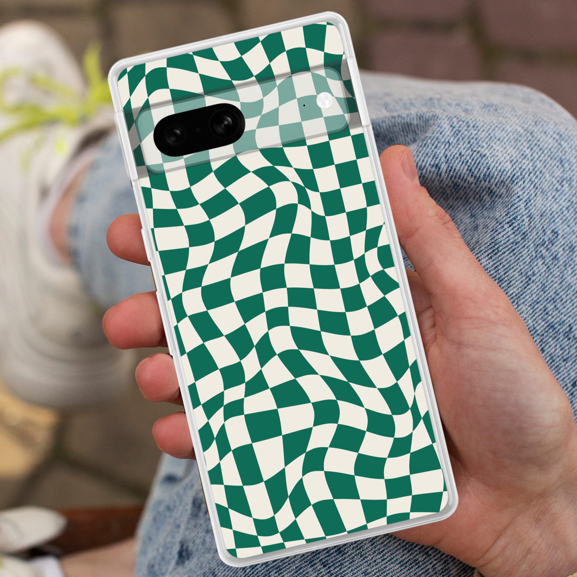 MuchoWow Handyhülle für Google Pixel 7 Gewellte Boxen - Grün - Weiß - Abstrakt, Phone Case, Silikon, Schutzhülle Dünn