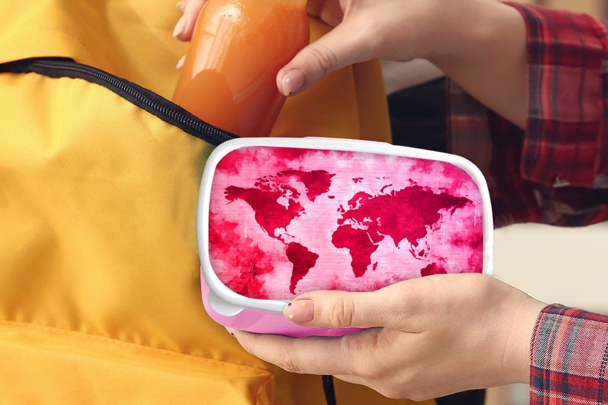 Rot - Brotdose Rosa, - (2-tlg), Kinder, Weltkarte Brotbox Kunststoff, MuchoWow Erwachsene, Lunchbox Snackbox, für Kunststoff Mädchen,