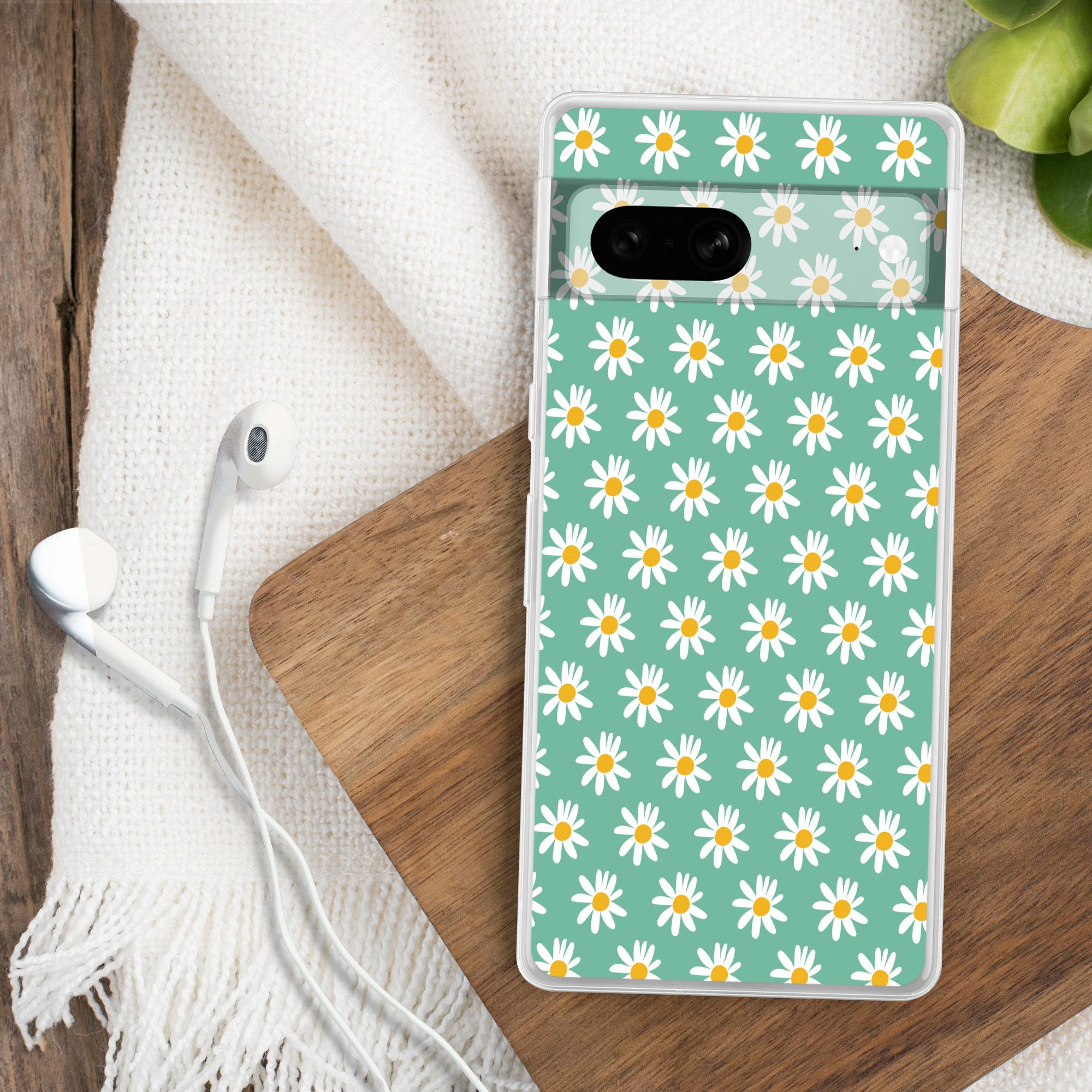 MuchoWow Handyhülle für Google Pixel 7 Gänseblümchen - Muster - Grün - Blumen, Phone Case, Silikon, Schutzhülle Dünn