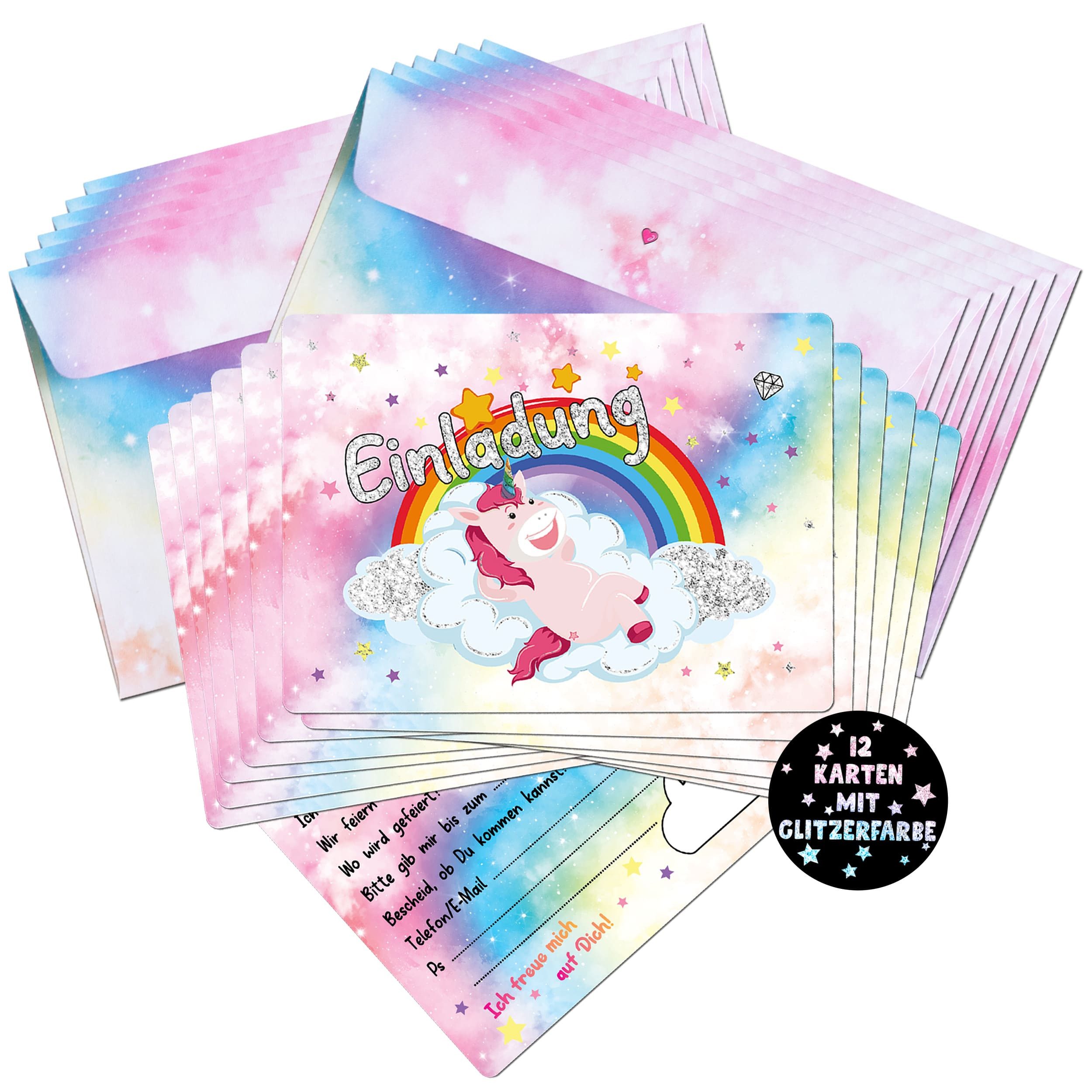 TOBJA Einladungskarten 12x Einladungskarte Einhorn Glitzer inkl Umschläge, Partyeinladungen A6 (10,5 x 14,8 cm) Postkarten