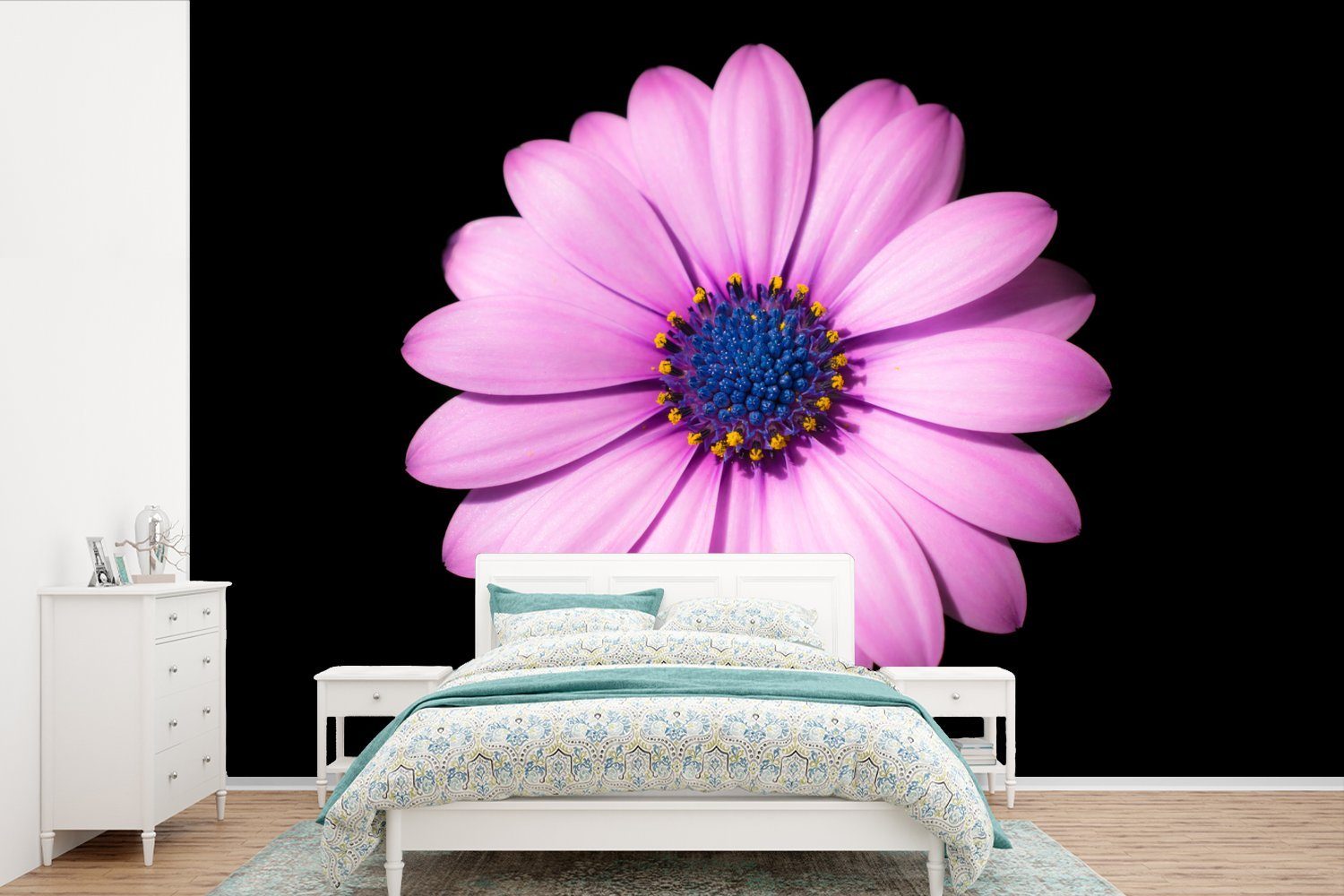 MuchoWow Fototapete Gänseblümchen - Blume - Rosa, Matt, bedruckt, (6 St), Wallpaper für Wohnzimmer, Schlafzimmer, Kinderzimmer, Vinyl Tapete