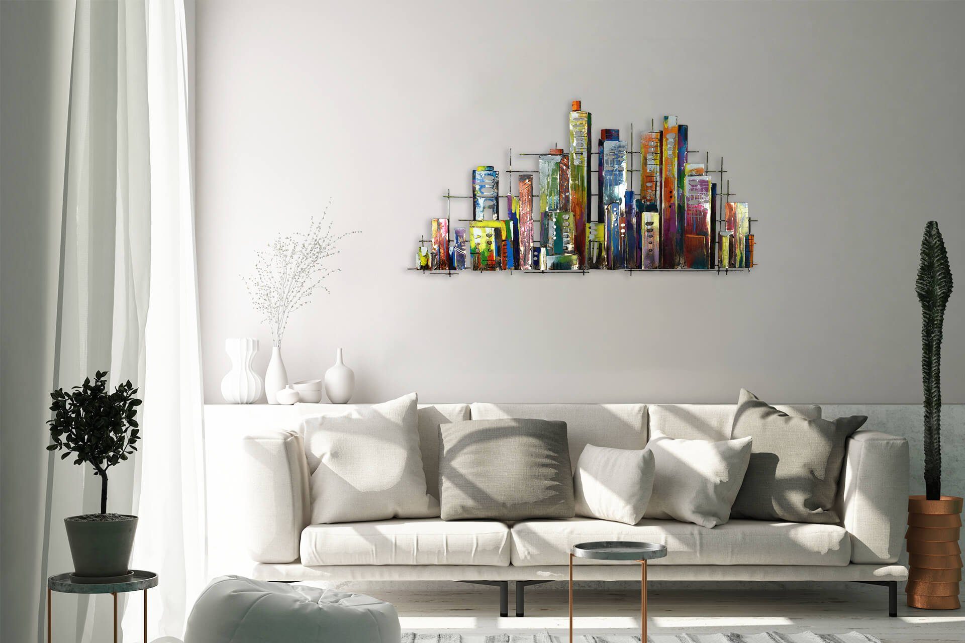 KUNSTLOFT Wanddekoobjekt Rainbow City 120x60x3 cm, handgefertigte Wanddeko Metall