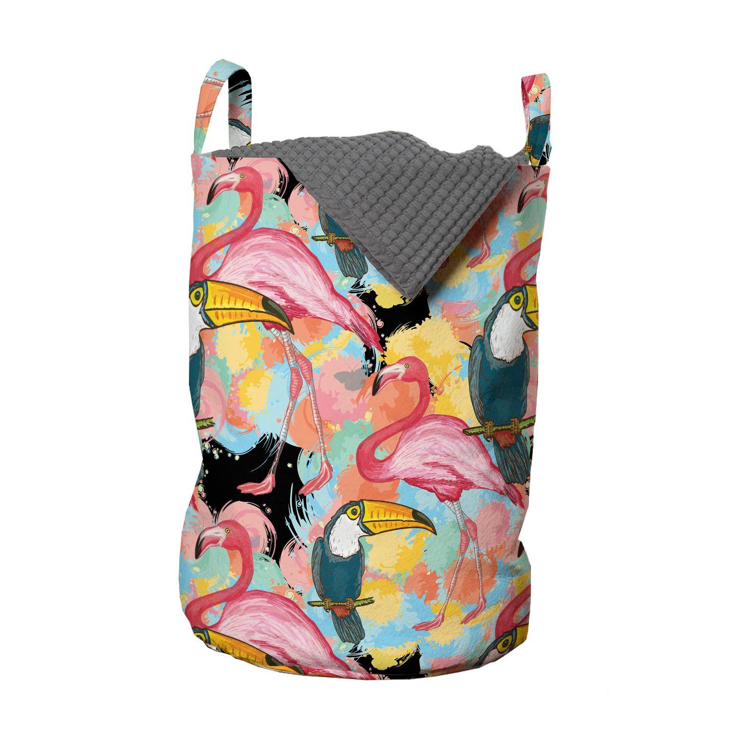 Abakuhaus Wäschesäckchen Wäschekorb mit Griffen Kordelzugverschluss für Waschsalons, Tropisch Toucan Papageien Flamingos