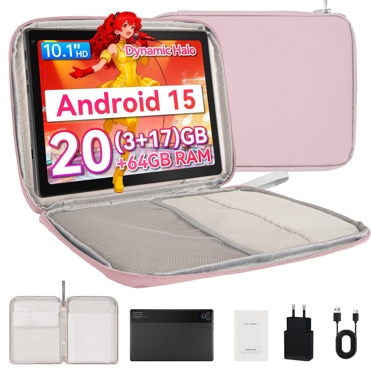 BUFO 10-Zoll-Tablet, 64GB, Android, HD IPS-Touchscreen, Dual-Kamera Tablet (10", 64 GB, Android, WiFi, mit Praktischen Tasche, Android 15, 20 (3+17) GB RAM)