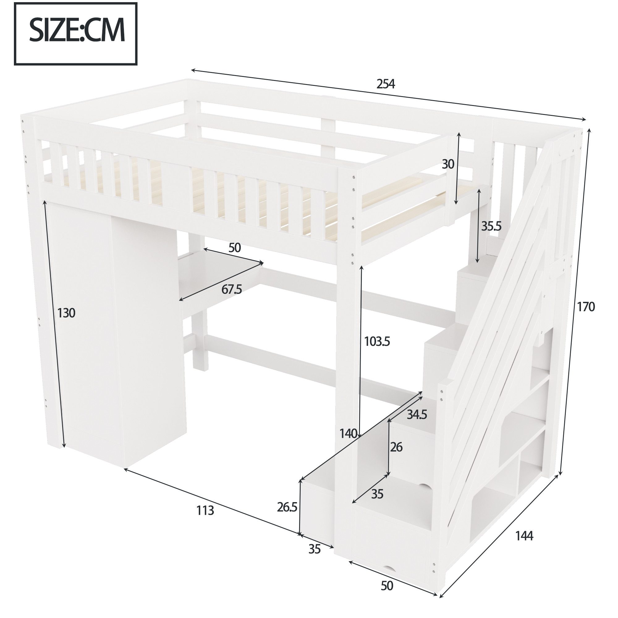 Celya Hochbett Holzbett, Jugendbett, 140 × 200 cm (ohne Matratze, Mit Stauraum, Schreibtisch Mit Euro-Steckdose, mit mehrfarbige LED-Lichtleiste, Einzelkleiderschrank, Hohes Geländer)
