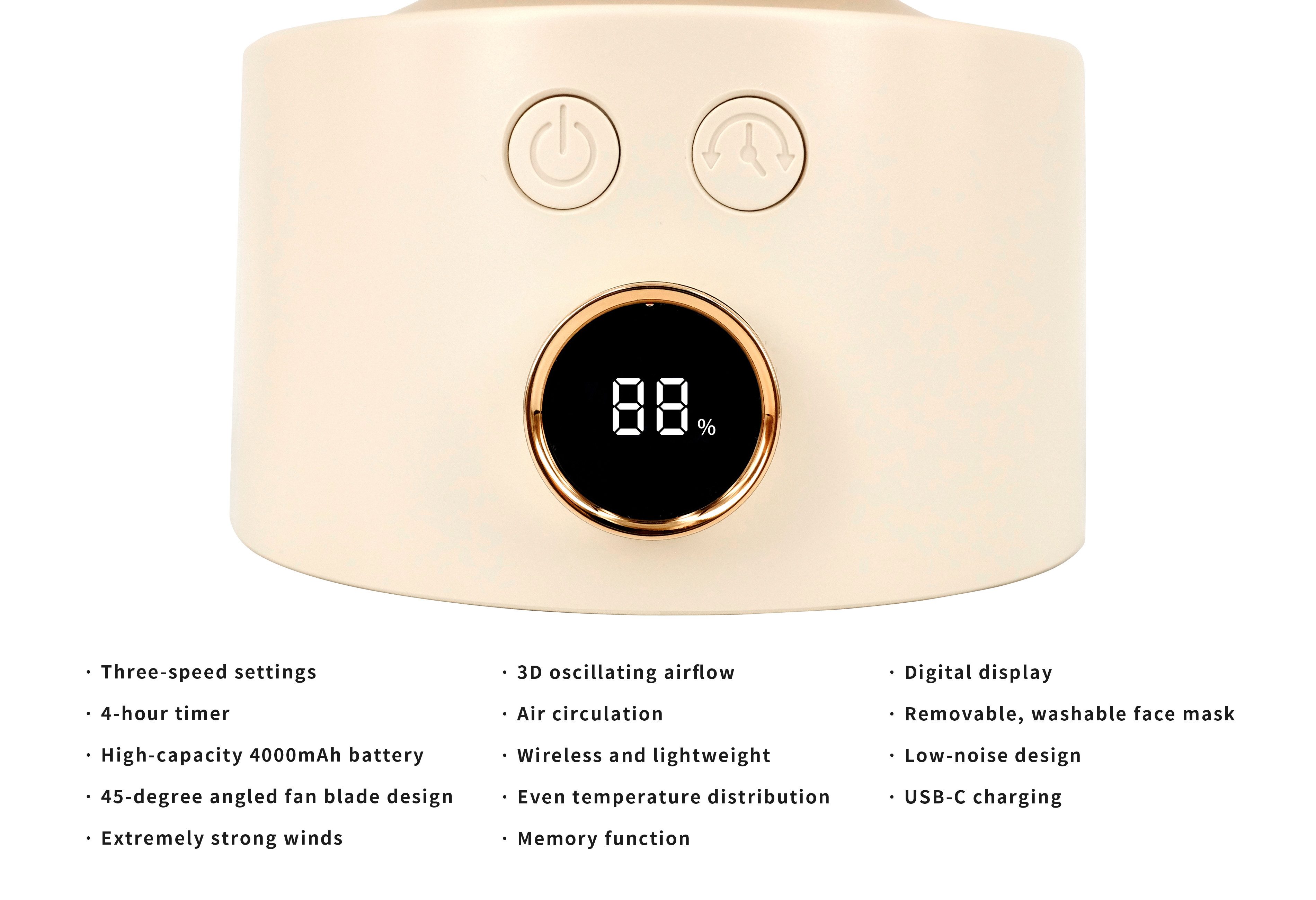 PowerSmart Handventilator Tischventilator mit 4000mAh-Akku, Sanfter Luftstrom