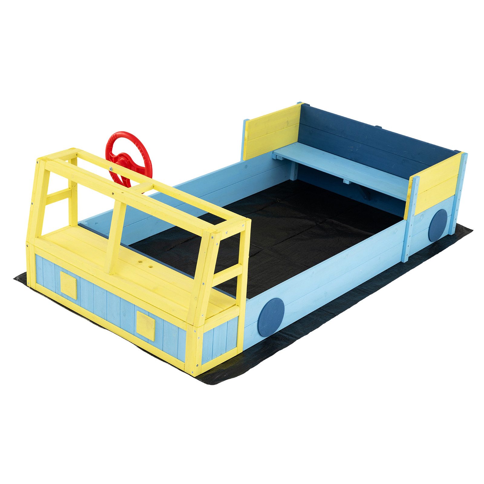 COSTWAY Sandkasten, Feuerwehrauto-Design mit drehbarem Steuerrad, Stauraum & Bodenplane