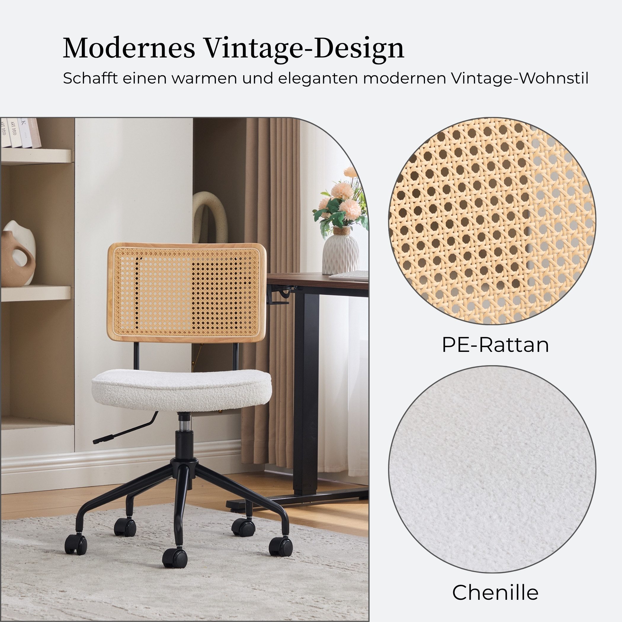SeedWave Bürostuhl Höhenverstellbarer Drehstuhl mit Holzrahmen Rattanrücken, Polstersitz, Chenille, Metallgestell Akzentstuhl im Industrial Stil für Home Office