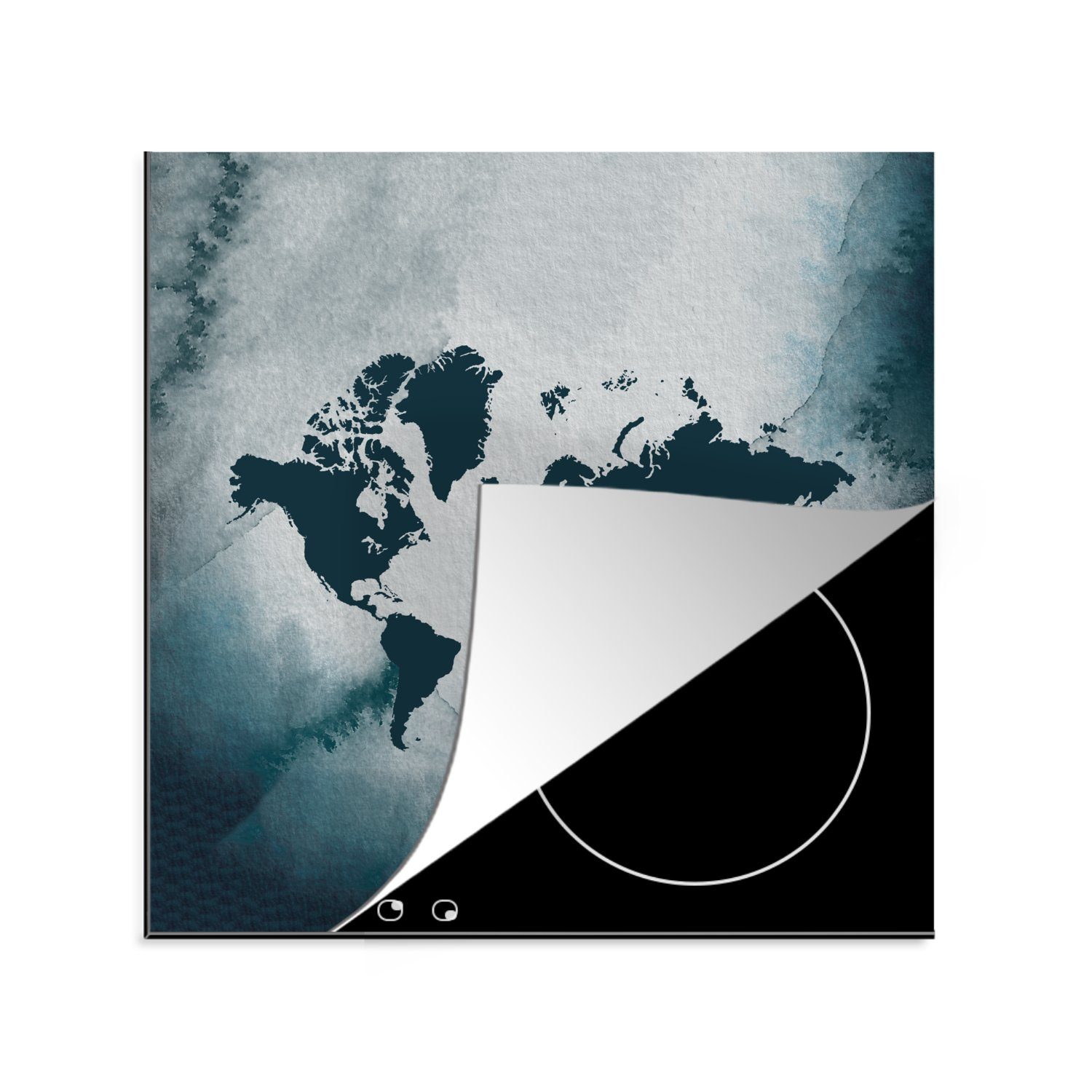 Aquarell küche - Ceranfeldabdeckung, tlg), MuchoWow - Vinyl, Herdblende-/Abdeckplatte für Arbeitsplatte 78x78 cm, (1 Blau, Weltkarte