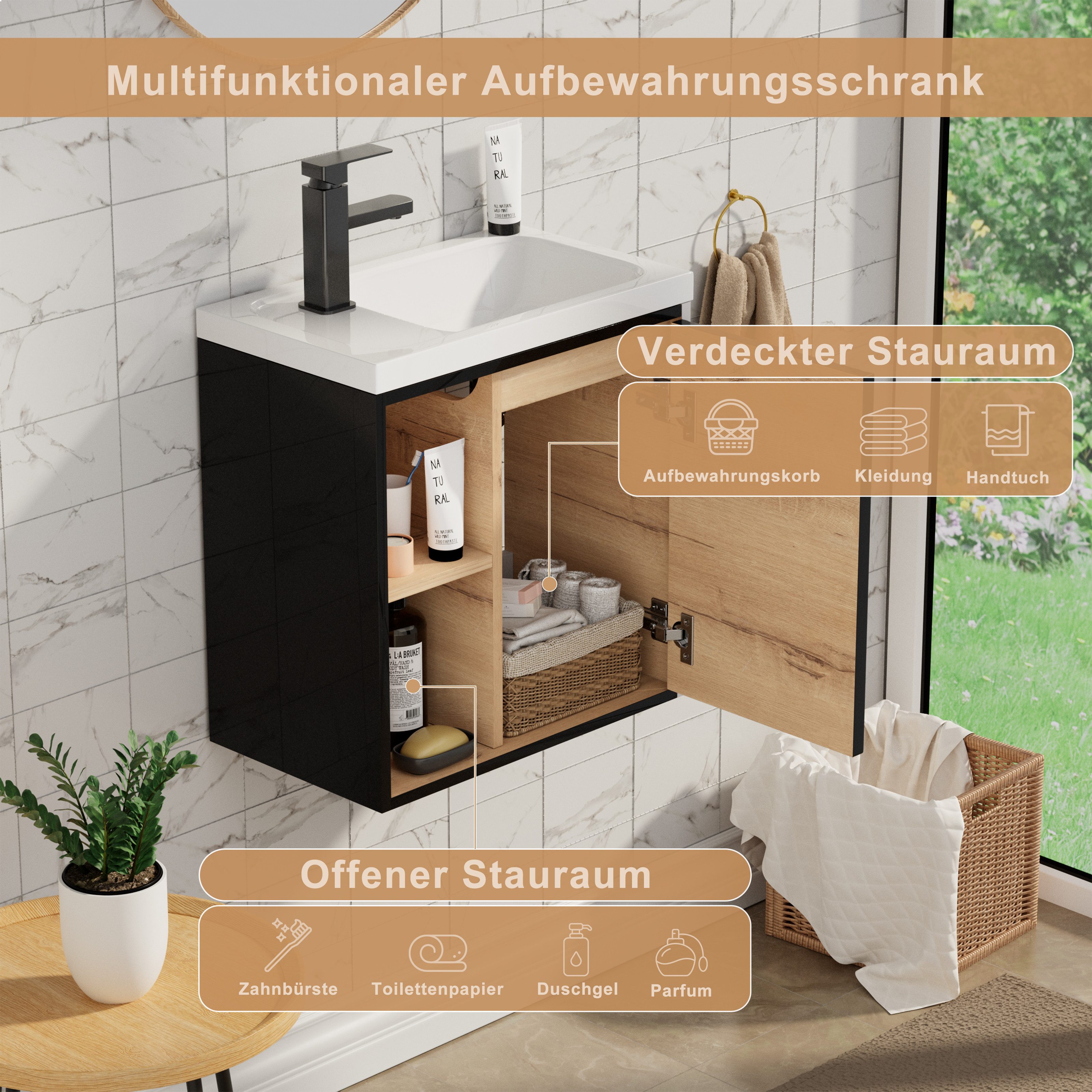 UEV Waschtisch klein Waschbecken mit Unterschrank set Badmöbel Gäste-WC (Breit 50cm, Komplett-Set, Badezimmmer Schrank für Gäste WC, Unterschrank mit Harzbecken – Bild 5 von 5