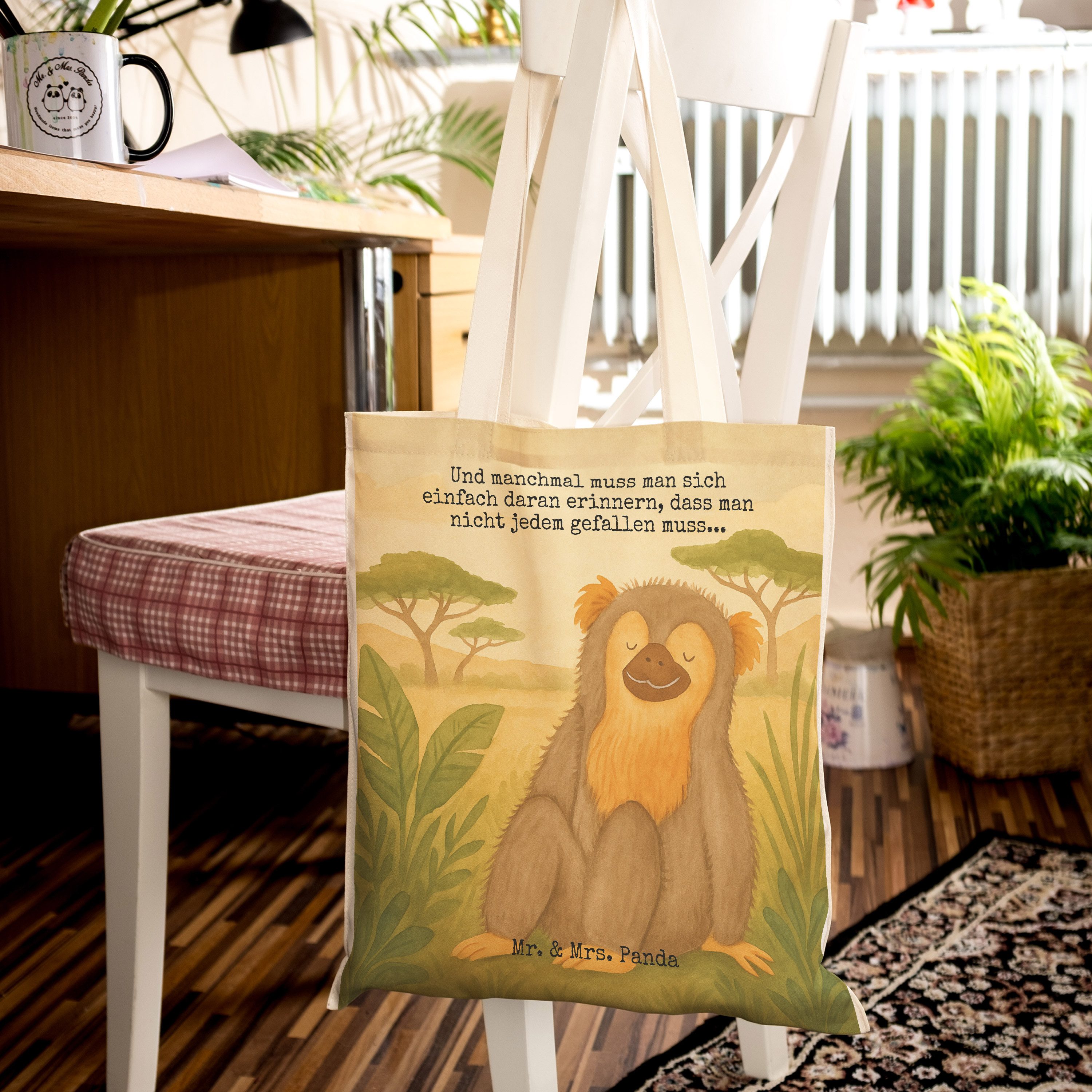Mr. & Mrs. Panda Tragetasche Affe Design, Einkaufstasche, Weiß, großer shopper, Tasche, Tote Bag, (Packung), Tragetasche Mit Spruch Stofftragetasche Tragetasche