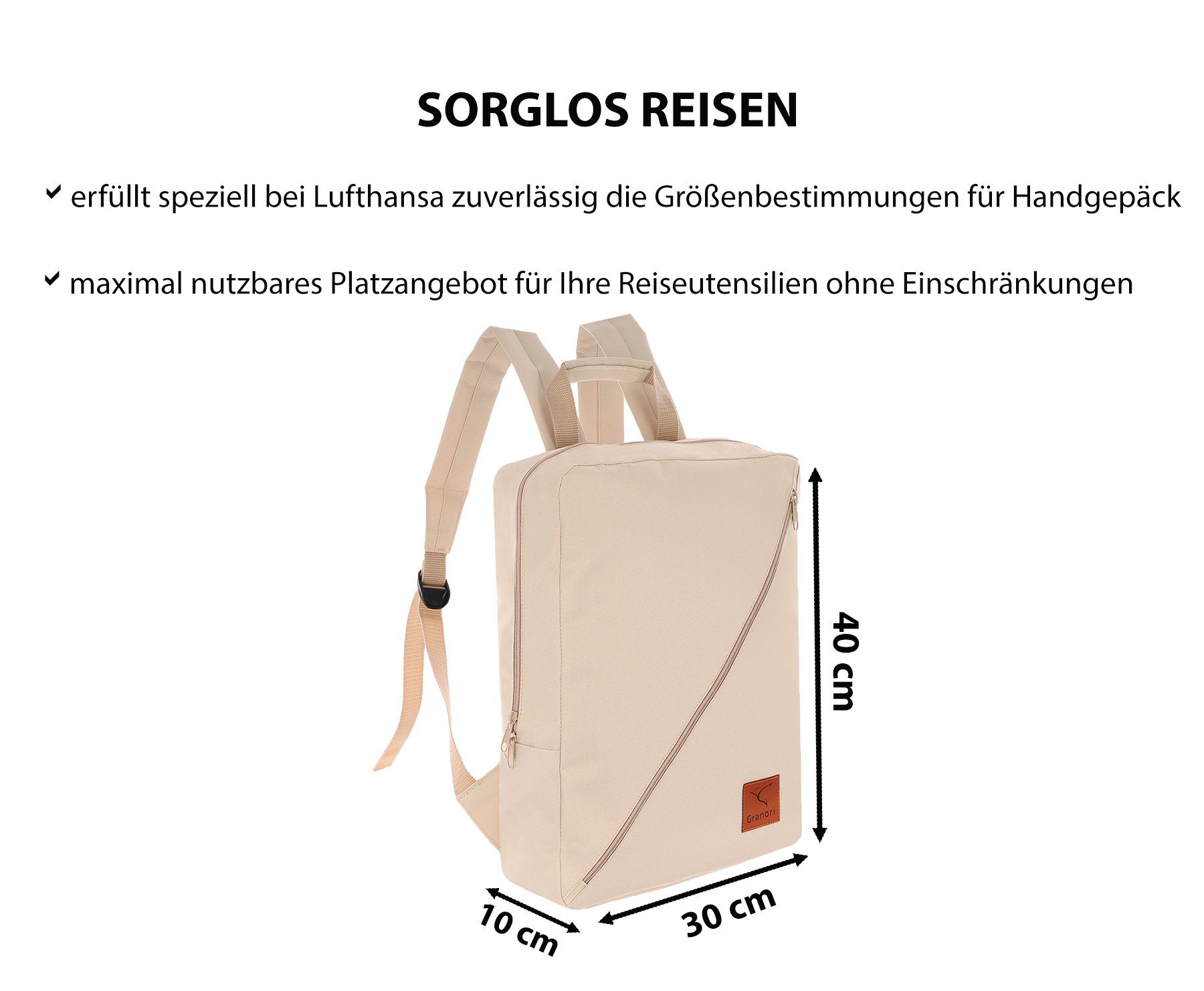 und für Lufthansa, leicht Beige 40x30x10 Granori cm Handgepäck Reiserucksack abschließbar extra