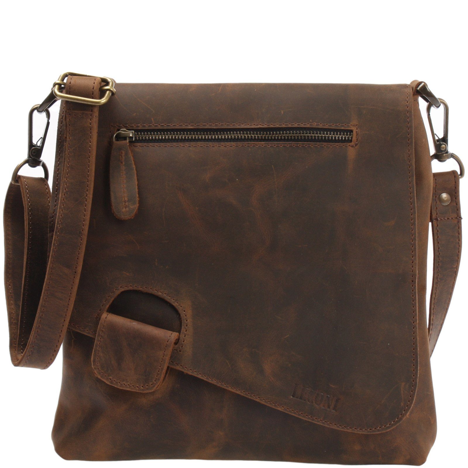 LECONI Umhängetasche Ledertasche Schultertasche Damen Handtasche echt Leder LE3027, Überschlag + Reißverschluss – viele Fächer – 29 × 29 × 6 cm