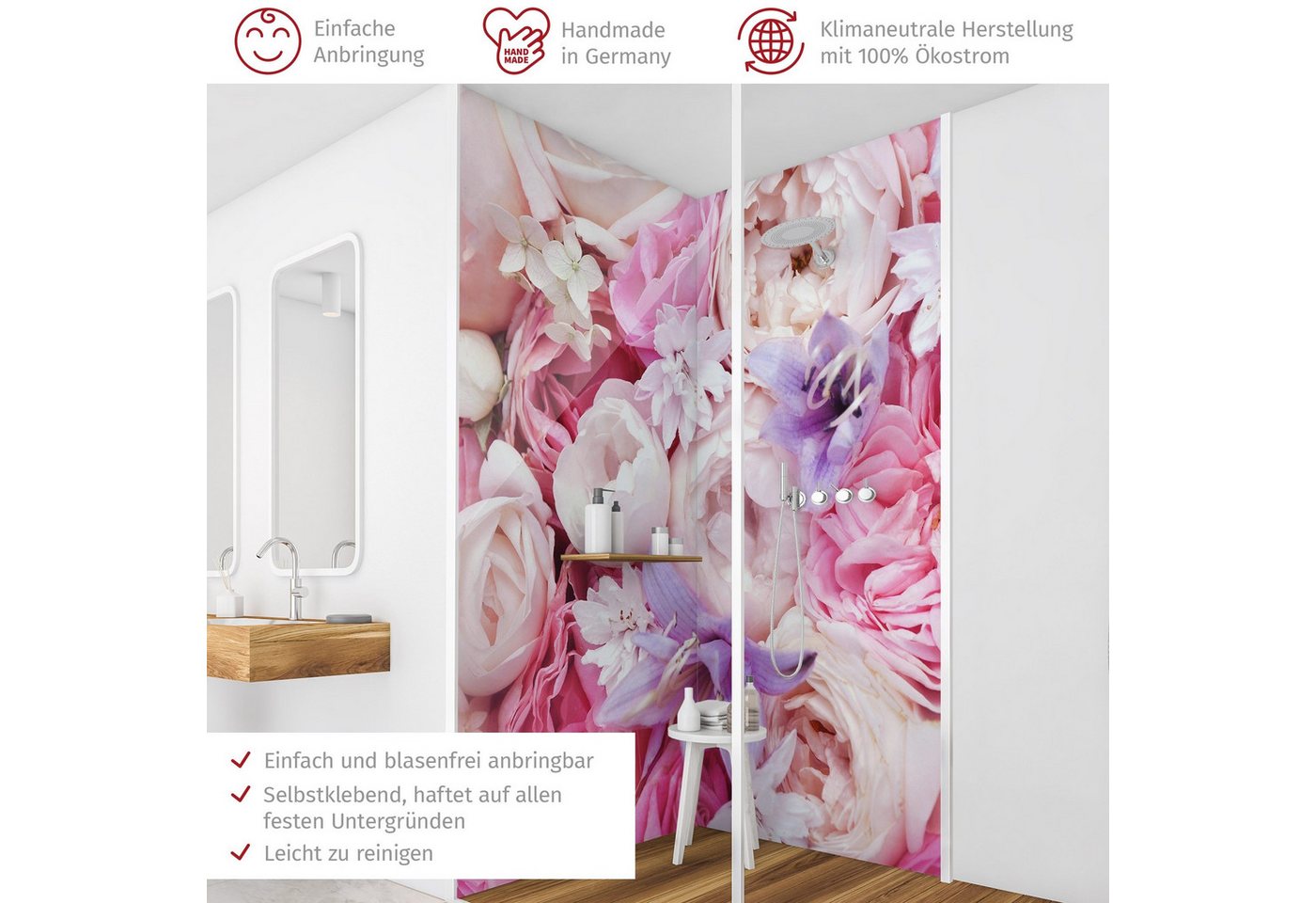 Thumbnail - Bilderdepot24 Badrückwand Blumen rosa Duschrückwand ohne Bohren Dusche Shabby, (2-tlg., Hart-Folie Premium matt 0,61 mm)...