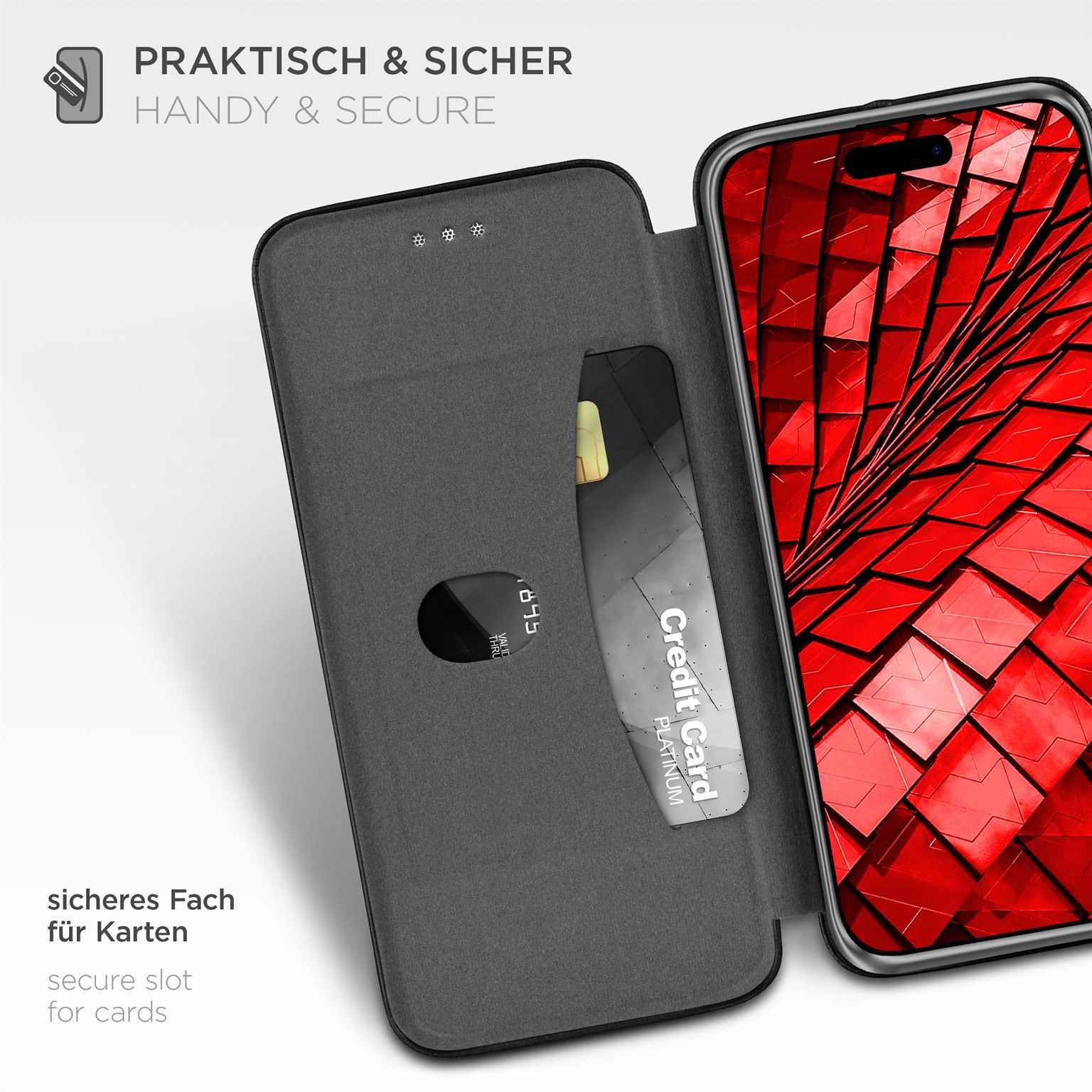 ONEFLOW Handyhülle für iPhone 16 Plus Premium Hülle Business Cover Schwarz 6,7 Zoll, 360 Grad Schutzhülle Flip Case Etui Klapphülle Dünn Leder Handy Tasche