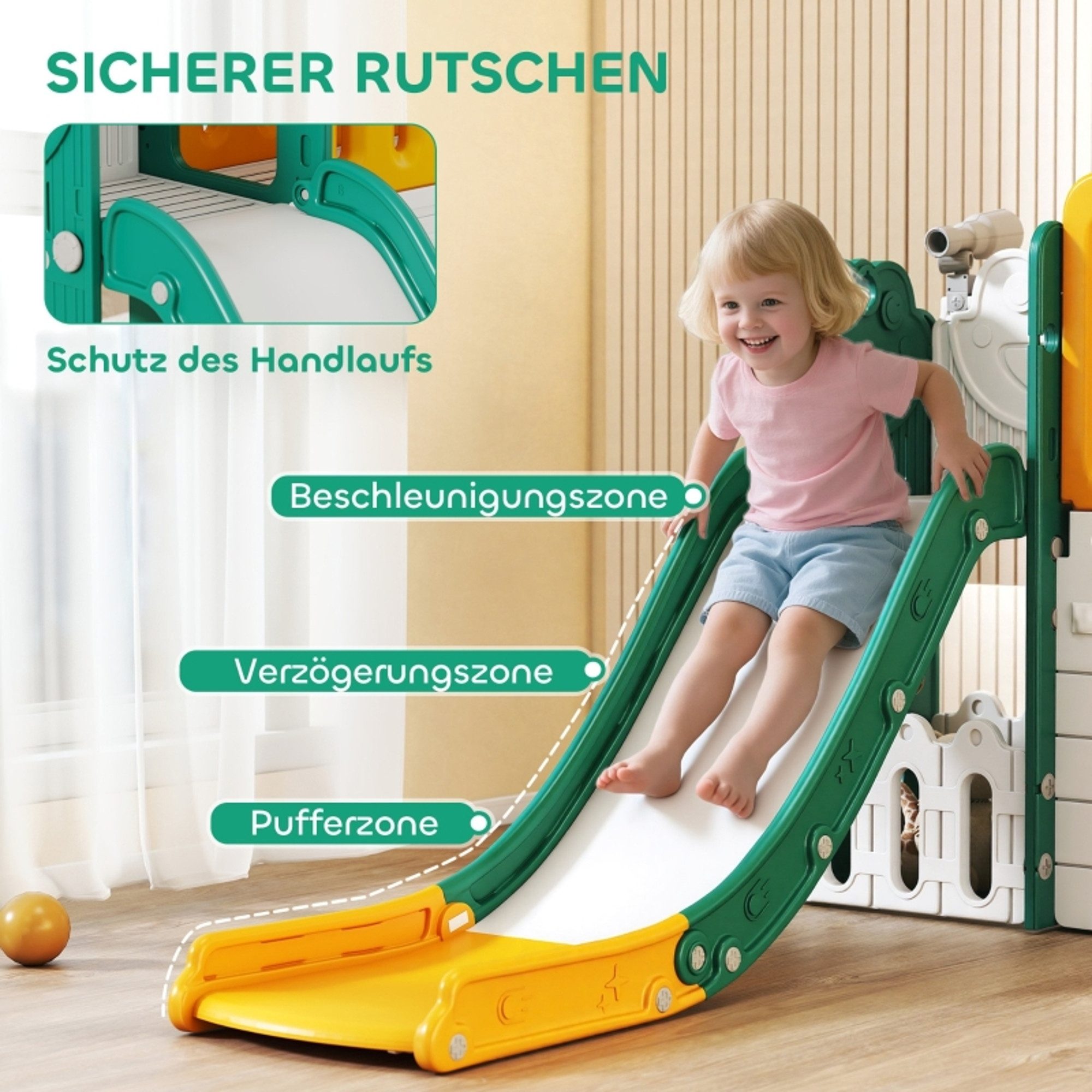 MC Star Rutsche 7-in-1 Kinderrutsche, Indoor-Spielplatz, Klettergerüst, Haus, (Basketballkorb, 1-4 Jahre, Kunststoff, Gelb+Grün)