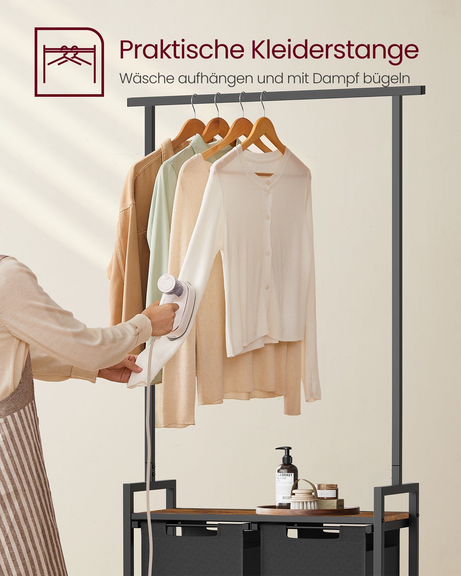 VASAGLE Wäschekorb, Fächer, Kleiderstange Ablage, L 2 2 x und mit Vintagebraun-Klassikschwarz 46