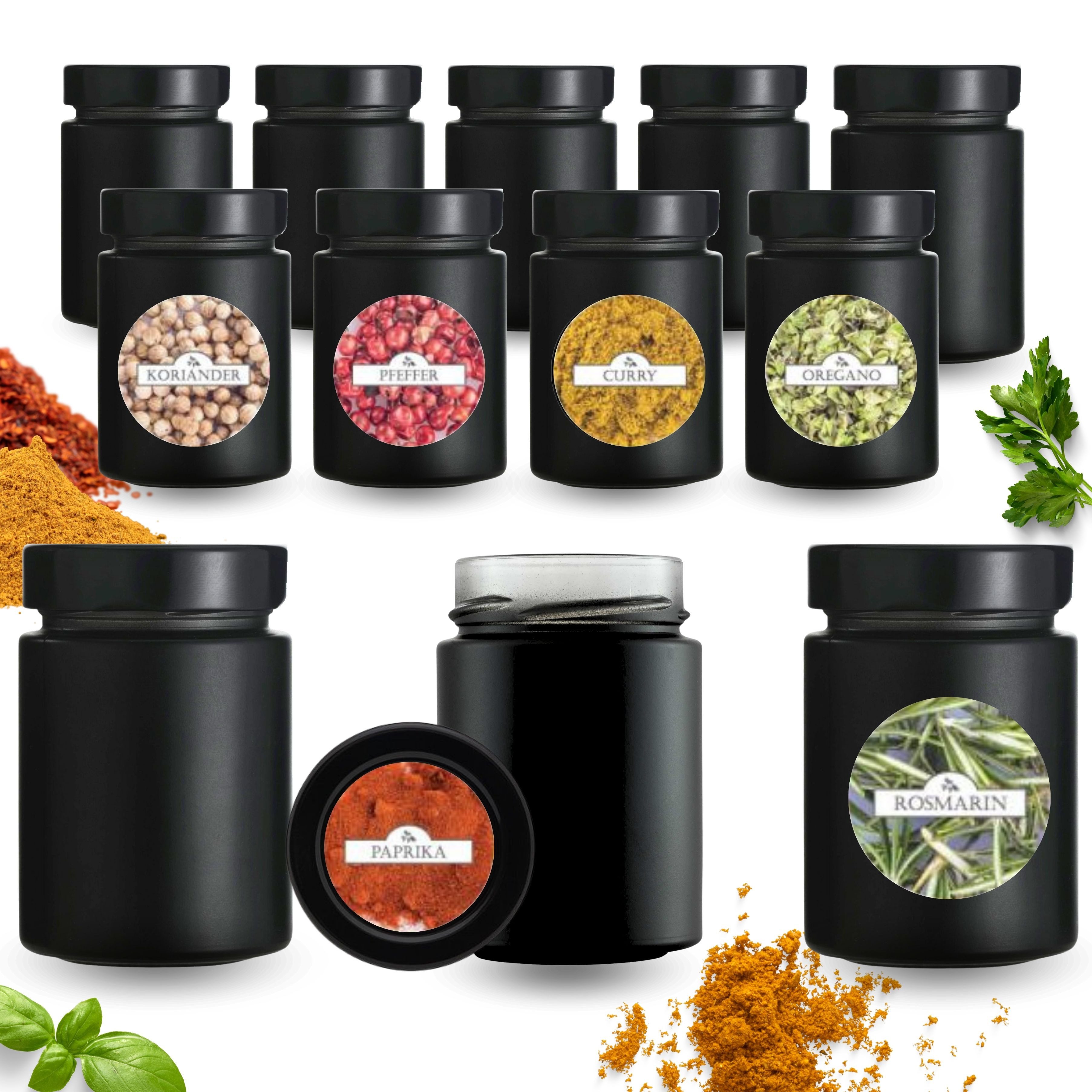 mikken Gewürzbehälter 12 Gewürzgläser 190 ml schwarz mit Deckel und 24 Gewü günstig online kaufen