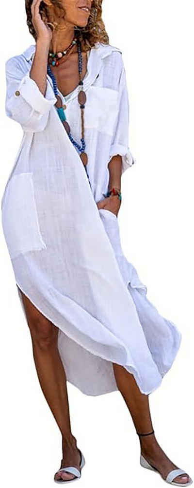 BlauWave Dirndl Sommerkleid Damen Leinenkleid V-Ausschnitt Langarm Midikleid (1-tlg) Freizeitkleid mit Taschen Blusekleid