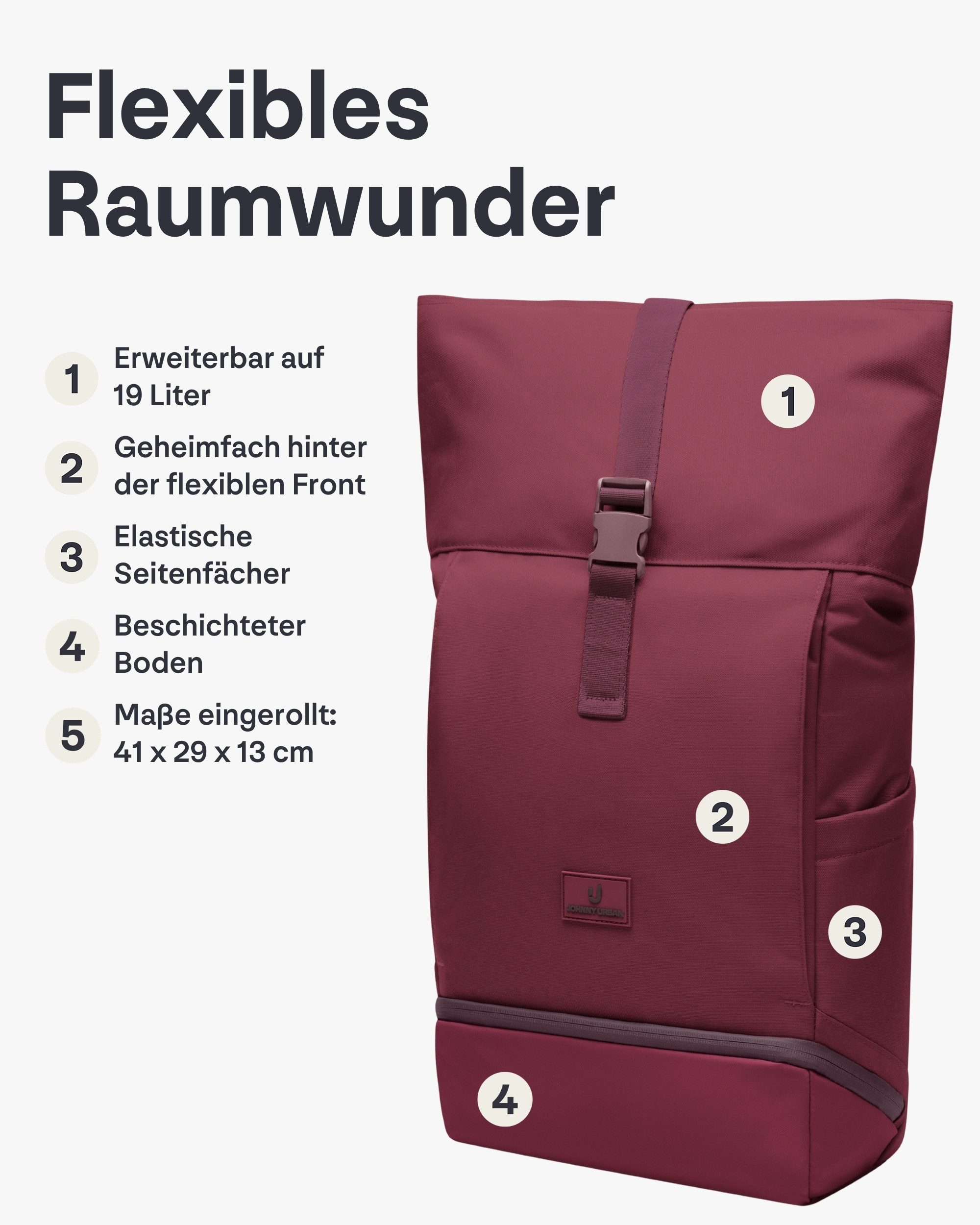 Johnny Urban Cityrucksack Allen Medium Rolltop mit Laptopfach (1-tlg), Wasserabweisend