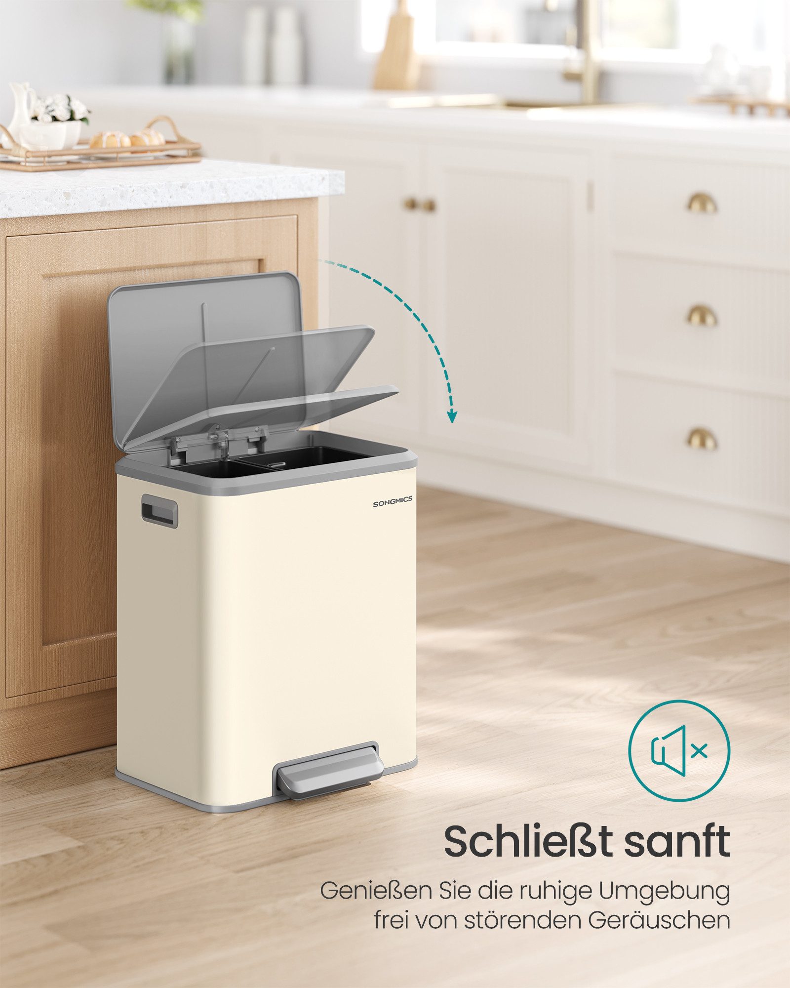 SONGMICS Mülleimer 30L Abfalleimer, Inneneimer, Stahl, Softclose-Deckel, Küche, Mülltrennsystem 2 x 15 L, 2 Fächer für Recycling und Restmüll