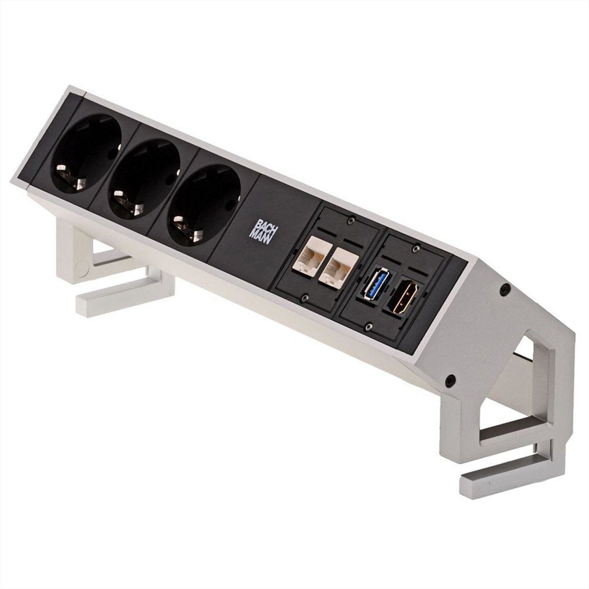 Bachmann DESK2 3x Schutzkontakt, 2x 1x 1x m), (Kabellänge USB CAT6, 0.2 HDMI, 0,2m, Steckdosenleiste INOX 3.0 GST18 Zuleitung