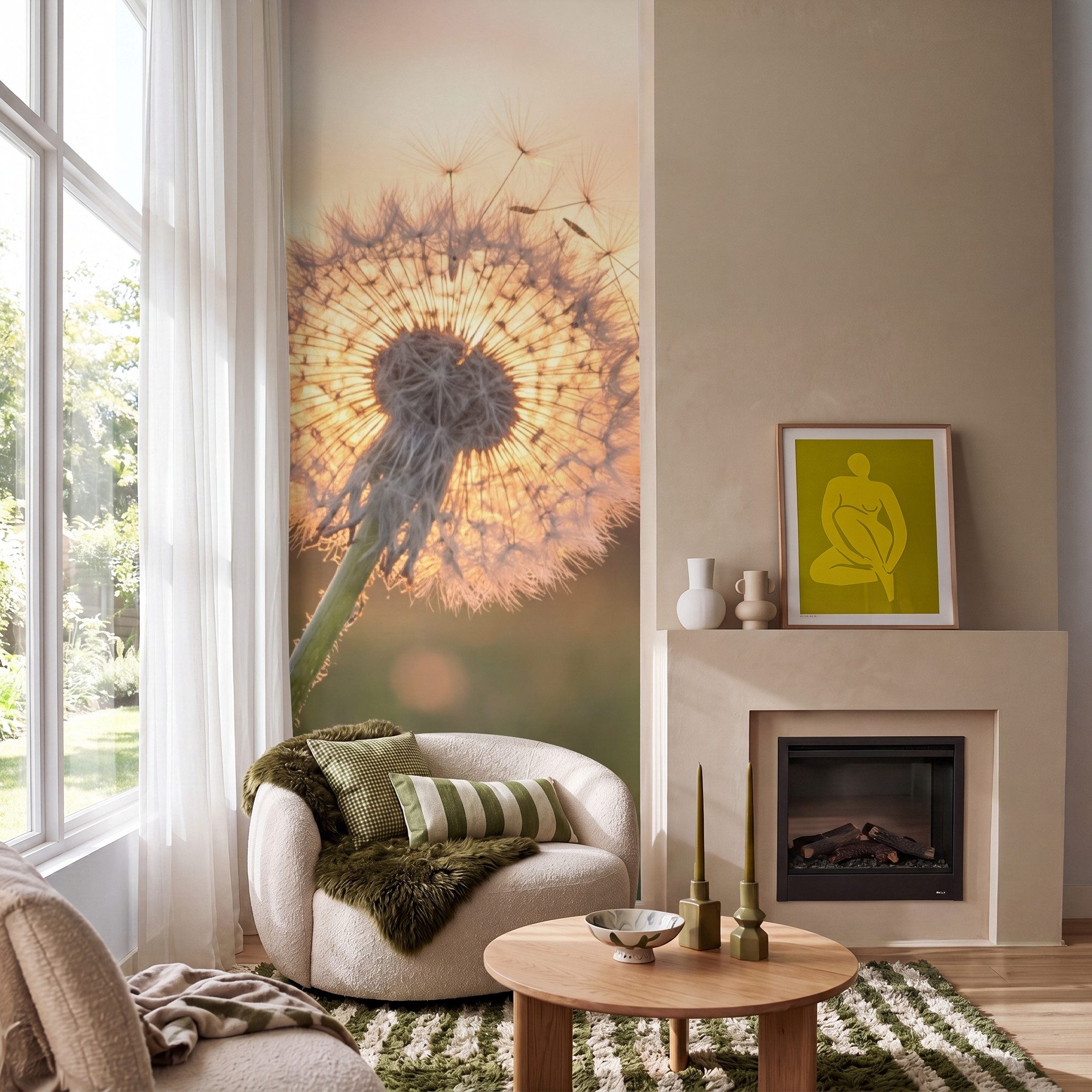 OnlyWow Fototapete Löwenzahn - Sonnenuntergang - Feld, Matt, bedruckt, Schlafzimmer, Küche, Vliestapete, Modern 100x240cm