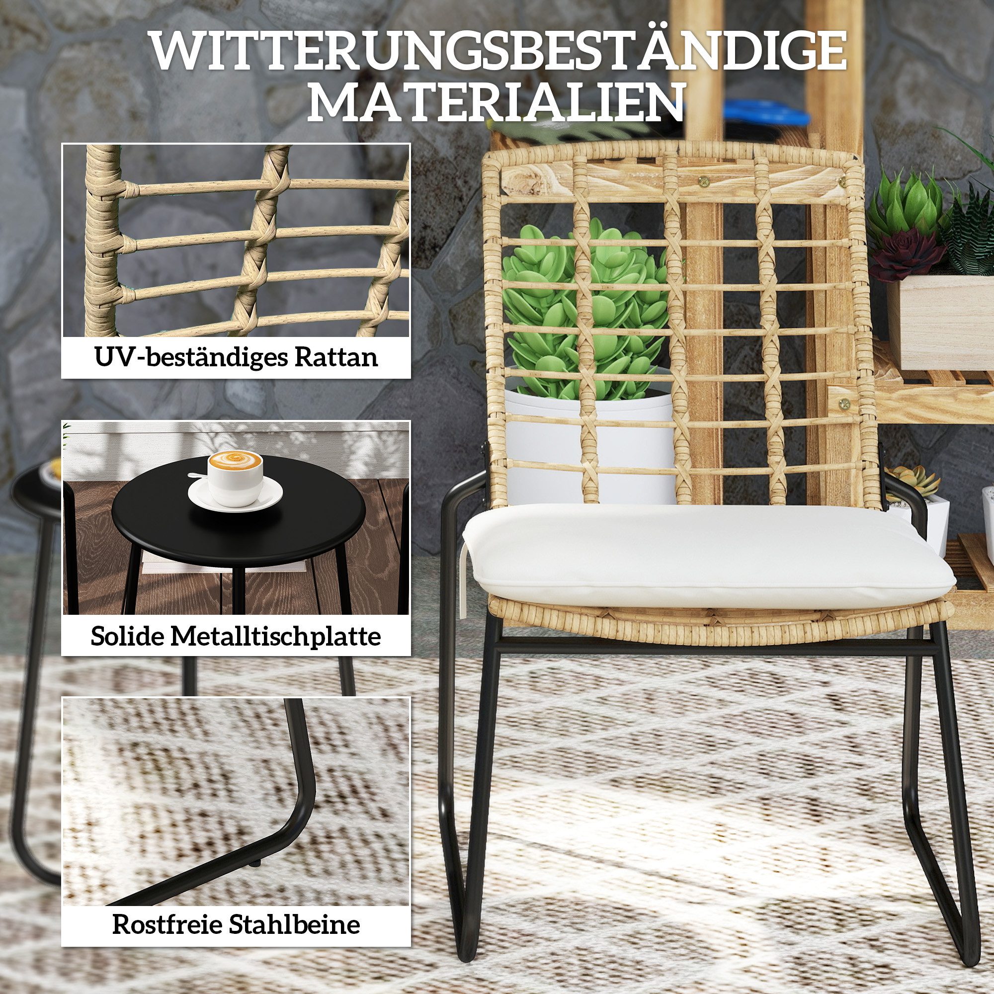 Outsunny Gartenlounge-Set Outdoor Sitzgruppe mit 2 stapelbar Stühle, Tisch, Kissen wetterfest, (Balkonmöbel Set für 2 Personen, 3-tlg., Rattan Gartenmöbel Set), – Bild 5 von 5