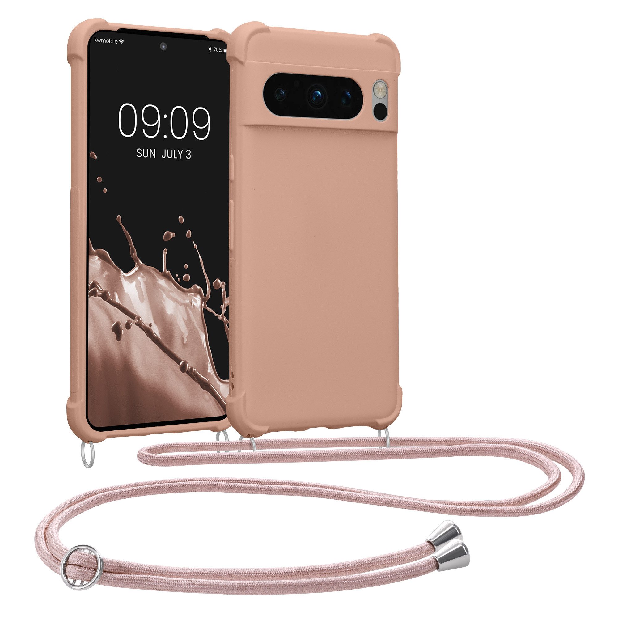 kwmobile Etui Hülle für Google Pixel 8 Pro, mit Metall Kette zum Umhängen - Silikon Handy Cover Case Schutzhülle