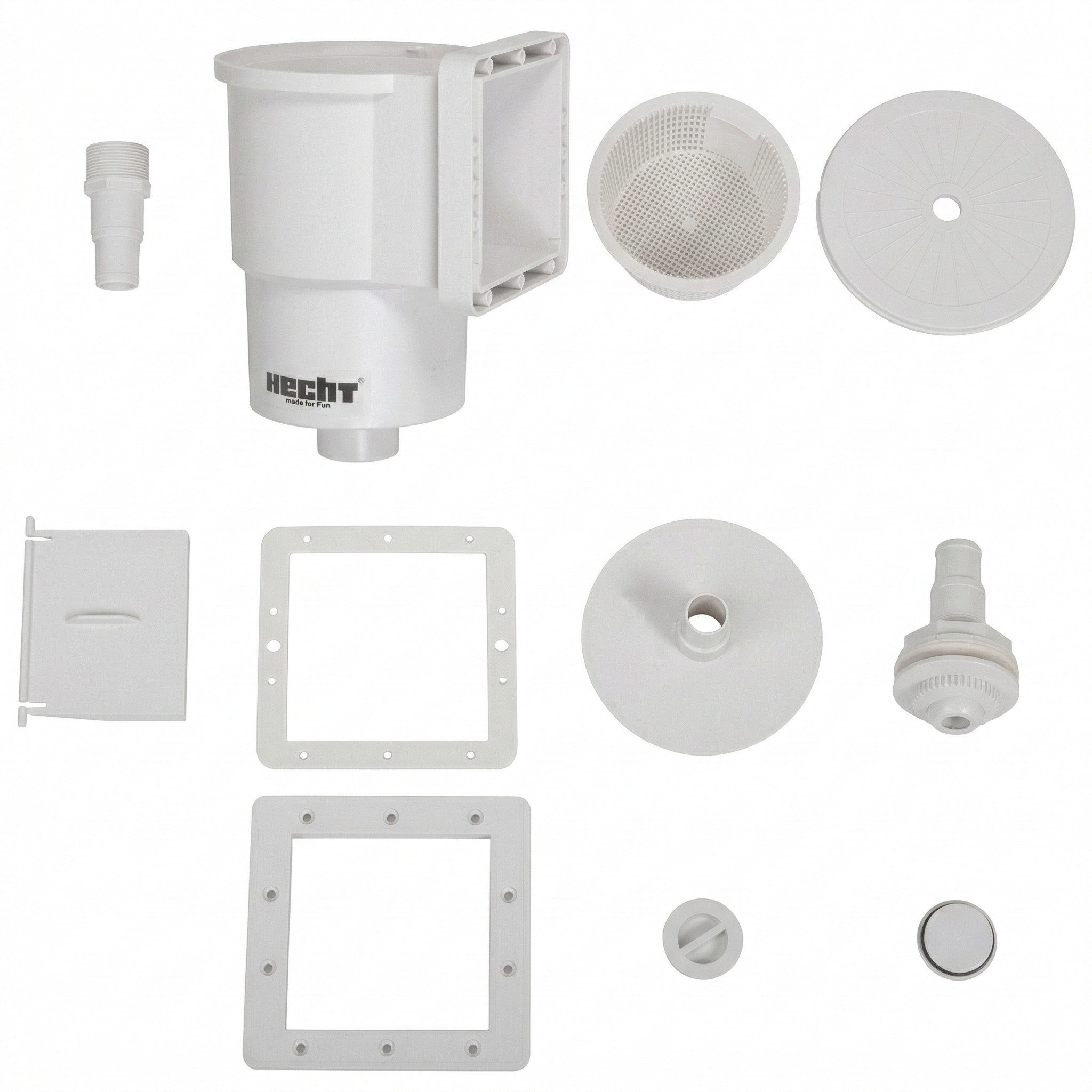 Hecht Skimmer Poolskimmer komplett Set, 1 ¼ und 1 ½ Zoll Anschlüsse, Einlaufdüse, Saugplatte, 135 mm Auffangsieb, für Aufstell- & Fertigbecken