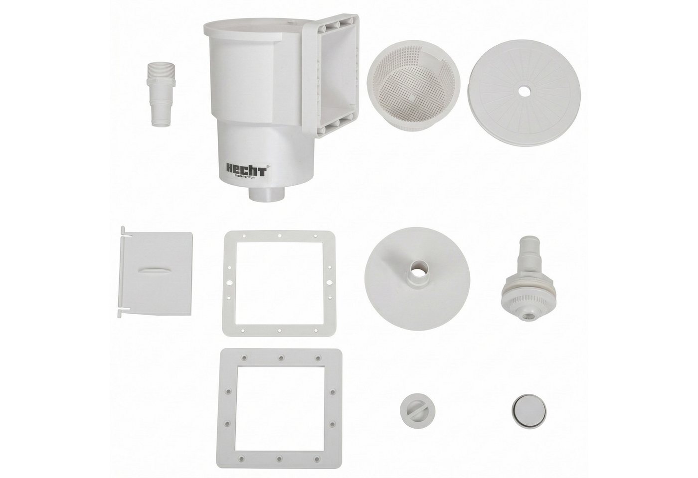 Hecht Skimmer Poolskimmer komplett Set, 1 ¼ und 1 ½ Zoll Anschlüsse, Einlaufdüse, Saugplatte, 135 mm Auffangsieb, für Aufstell- & Fertigbecken
