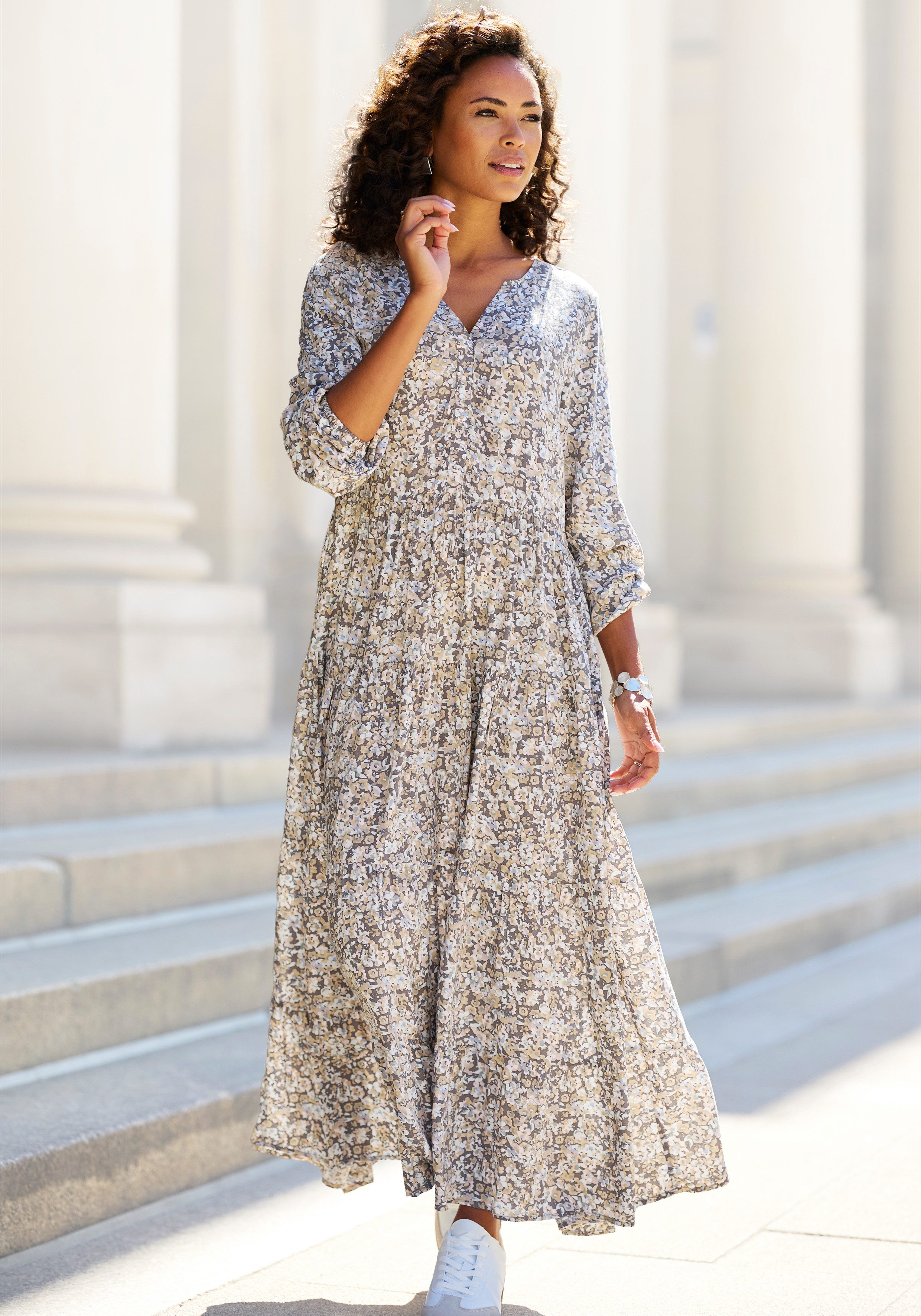 Vivance Maxikleid mit Alloverprint und Volants, langärmlig, Druckkleid, casual-chic